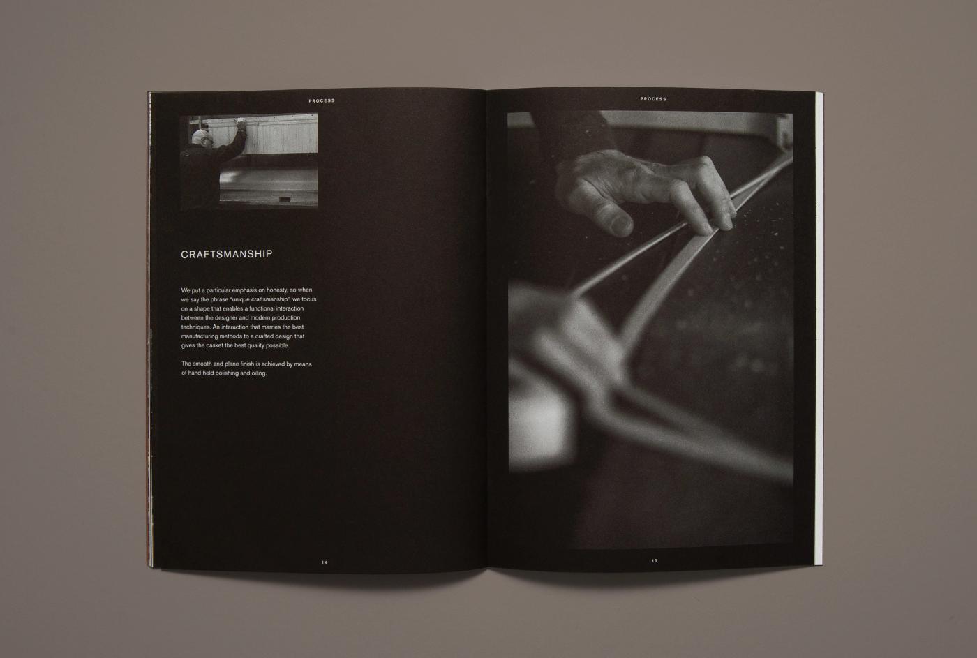 Black-and-white spread from the Ro catalogue with a small workshop photo and the heading "Craftsmanship" on the left, and a close-up of a hand shaping a piece of wood on the right.