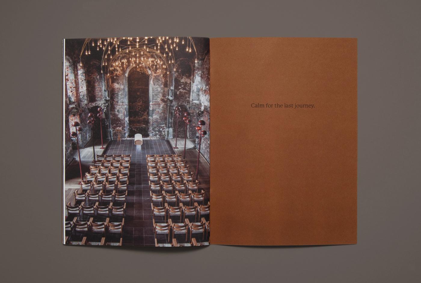 Spread from the Ro catalogue with a photograph of a brick hall with rows of chairs and a chandelier on the left, and a plain brown page on the right with the words "Calm for the last journey".