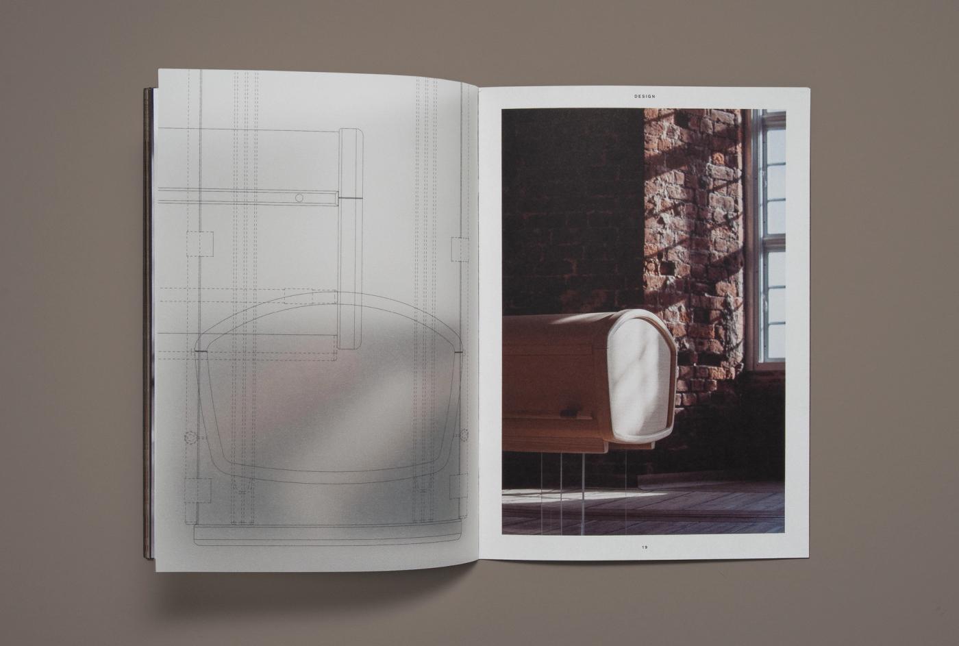 Spread from the Ro catalogue with a faint technical drawing of the Ro coffin on the left and a photograph of a light upholstered wooden bench against a brick wall on the right.