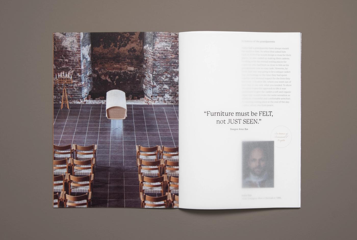 Open spread from the Ro catalogue with a photograph of rows of wooden chairs and a white Akari urn on a tiled floor in a brick hall, beside a page with the quote "Furniture must be felt, not just seen" and a portrait of Anker Bak.