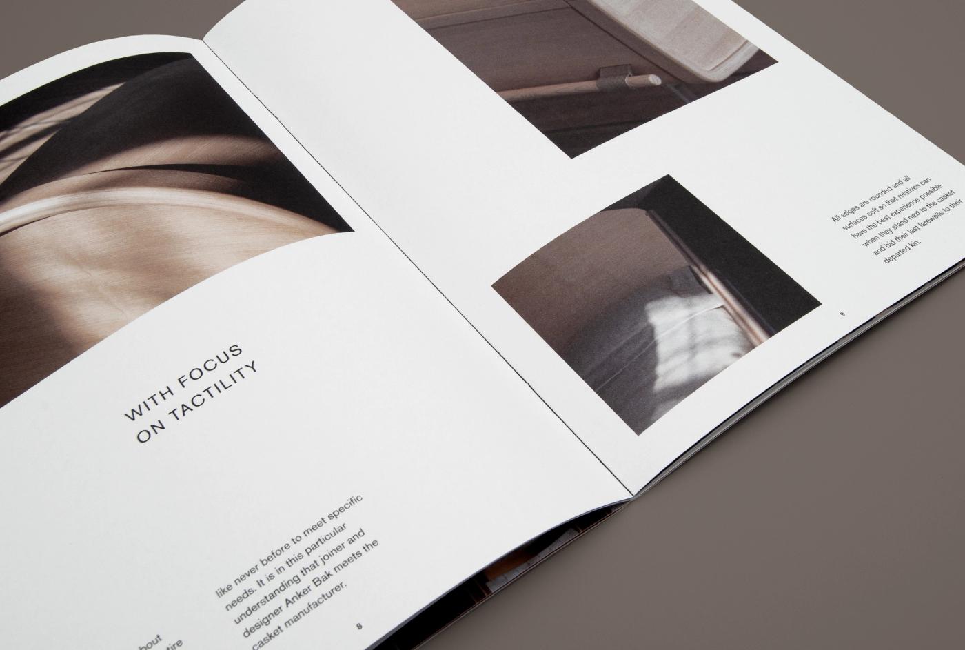 Open spread from the Ro catalogue with photographs of a wooden surface and a dark fabric detail, and the heading "With focus on tactility" in small text.
