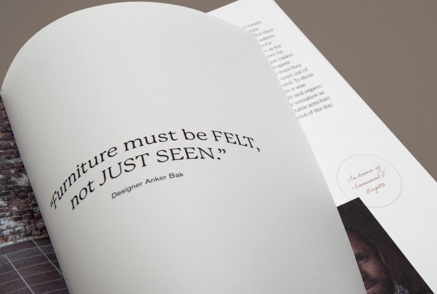 Open page from the Ro catalogue with the quote "Furniture must be felt, not just seen" by designer Anker Bak in large type, beside a page of text and a portrait.