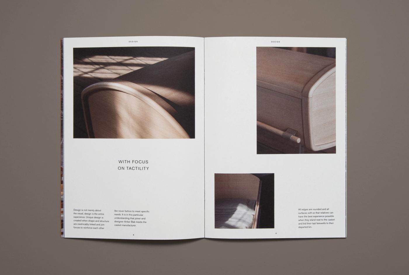 Open spread from the Ro catalogue with two photographs of oak furniture details in warm light, the heading "With focus on tactility" and short text columns below.