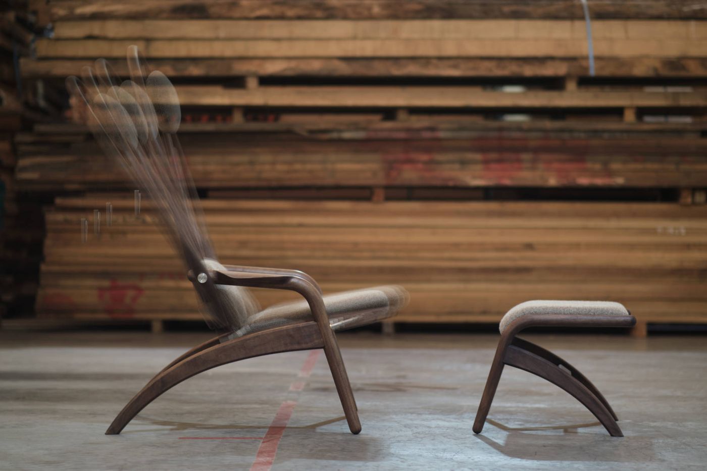 Kumo functional lounge chair in oak, wool and leather designed by Anker Bak for Miyazaki Chair Factory