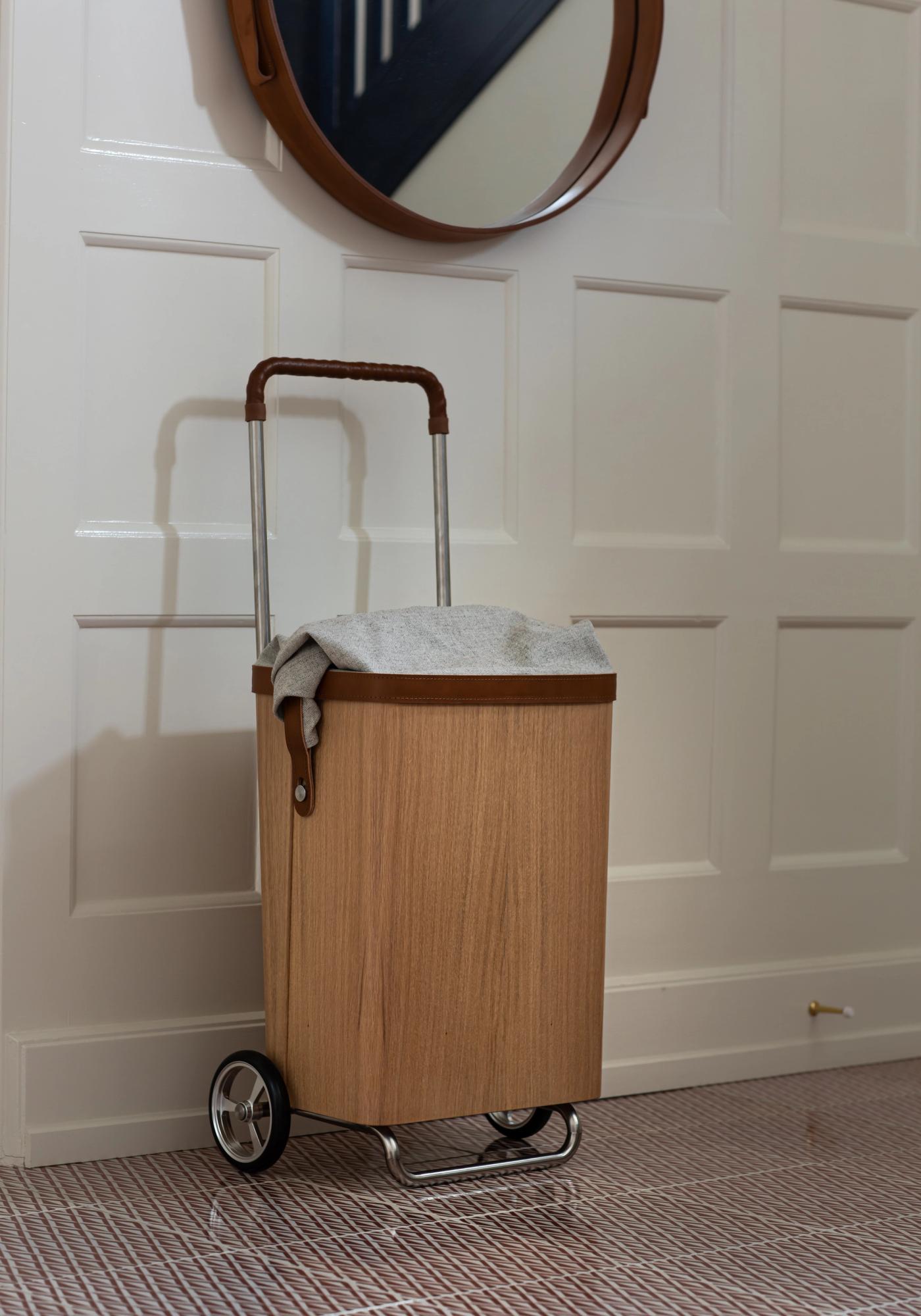 ÆRLIG molded oak trolley for indoor and outdoor use designed by Anker Bak
