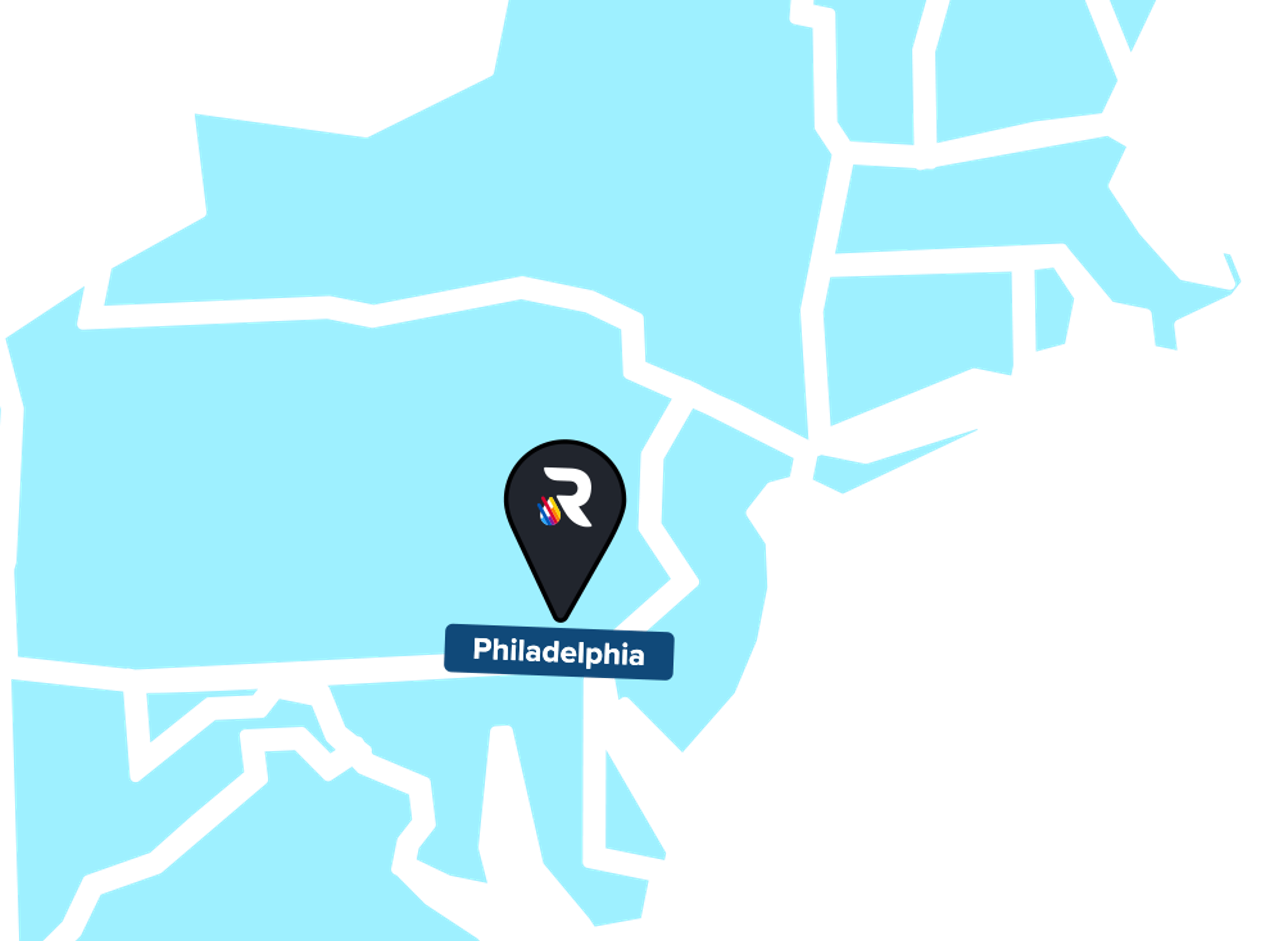 Map pinpointing RushOrderTees' base in Philadelphia