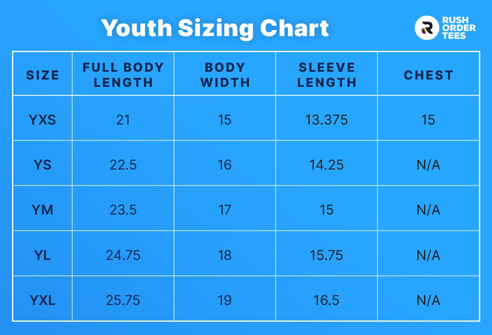 Custom Kids Apparel Size Guide