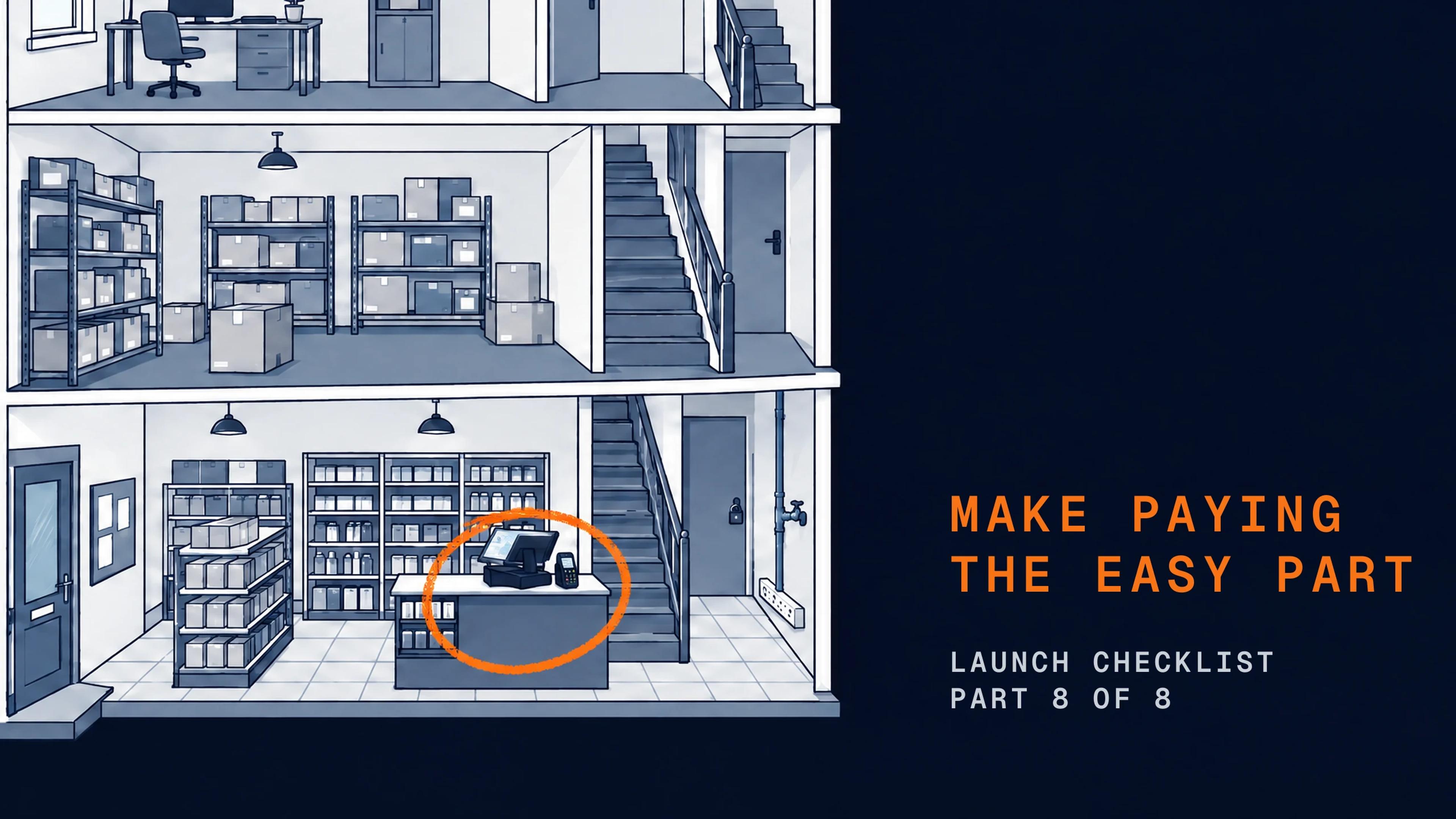 A cutaway of a small shop building with a till and a card reader on the checkout counter. The till is circled.