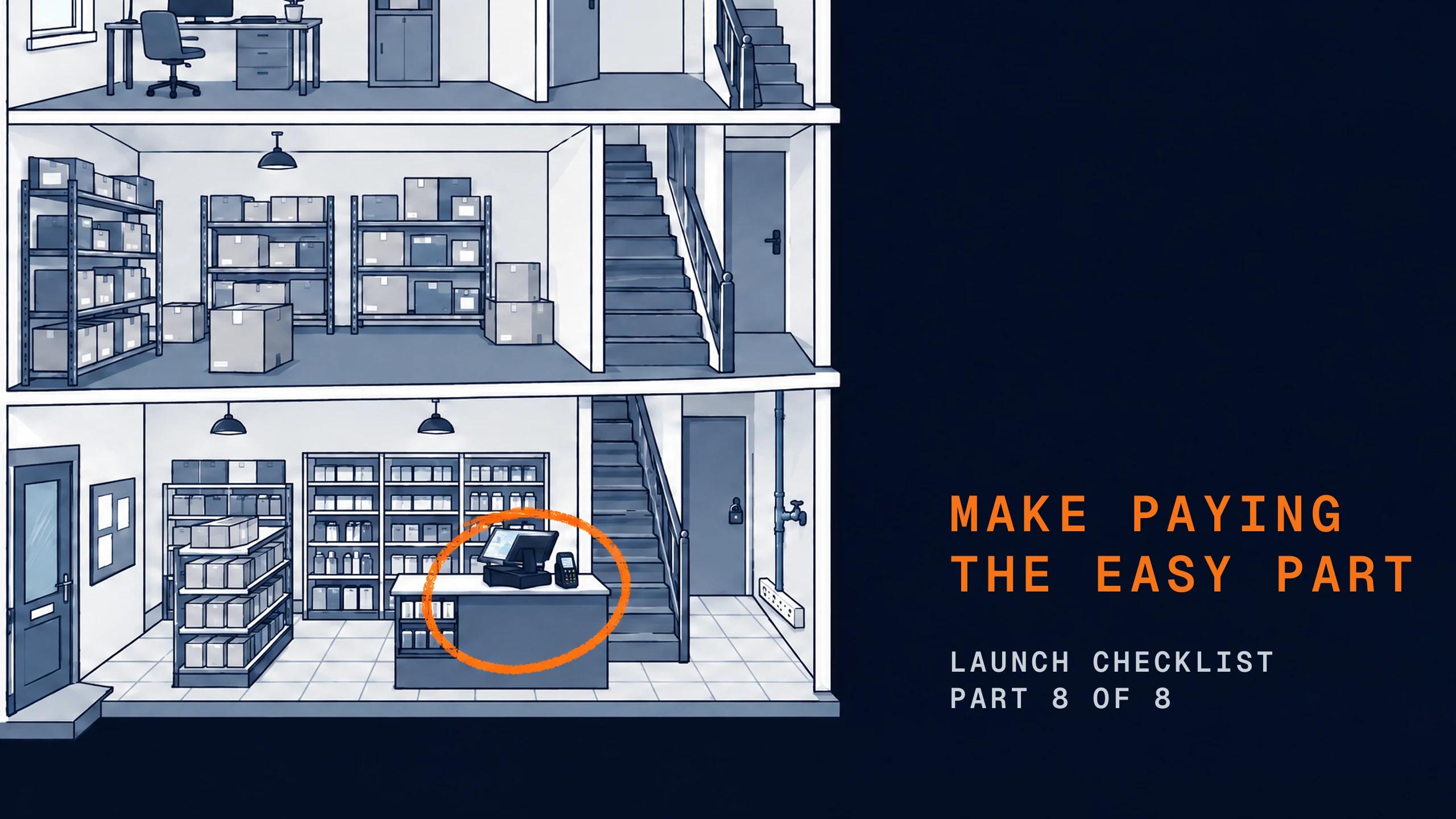 A cutaway of a small shop building with a till and a card reader on the checkout counter. The till is circled.