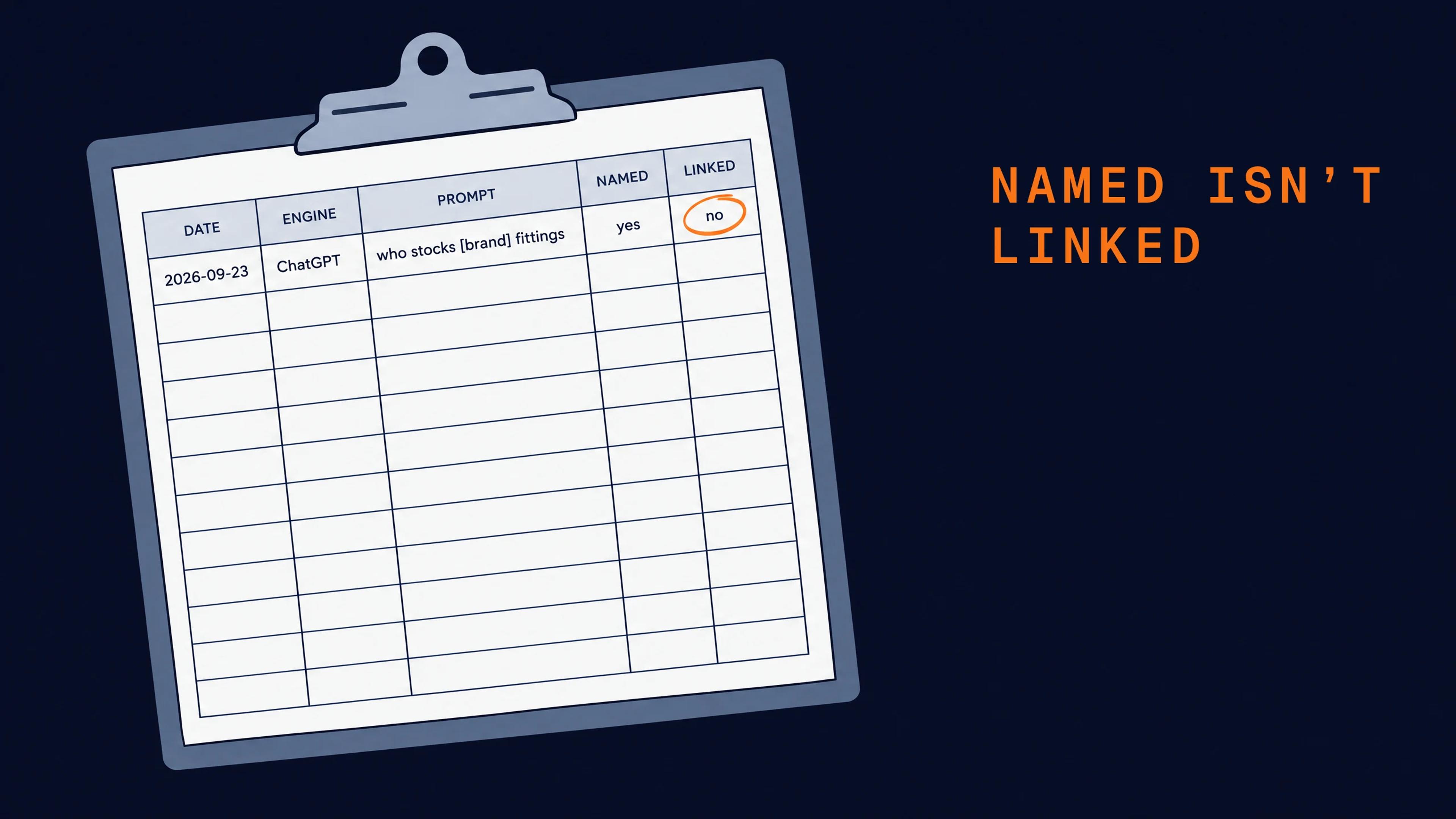 A citation log on a clipboard, with a column for each field from date to linked. The one filled row says yes under named and no under linked, and the no is circled.