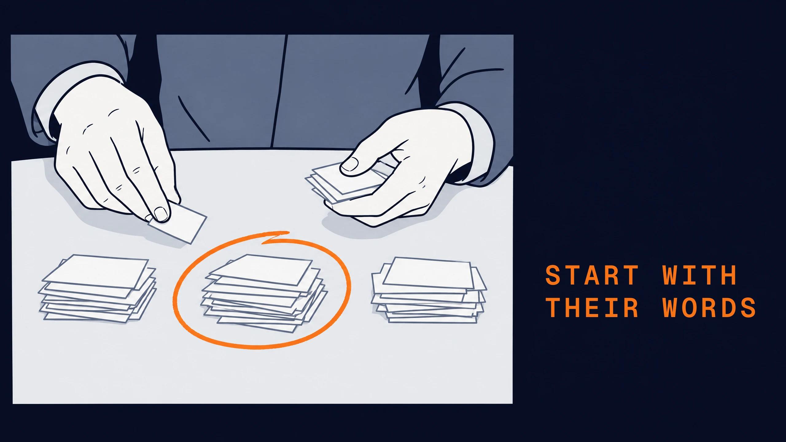 Two hands sorting slips of paper into piles on a table. One pile is circled.