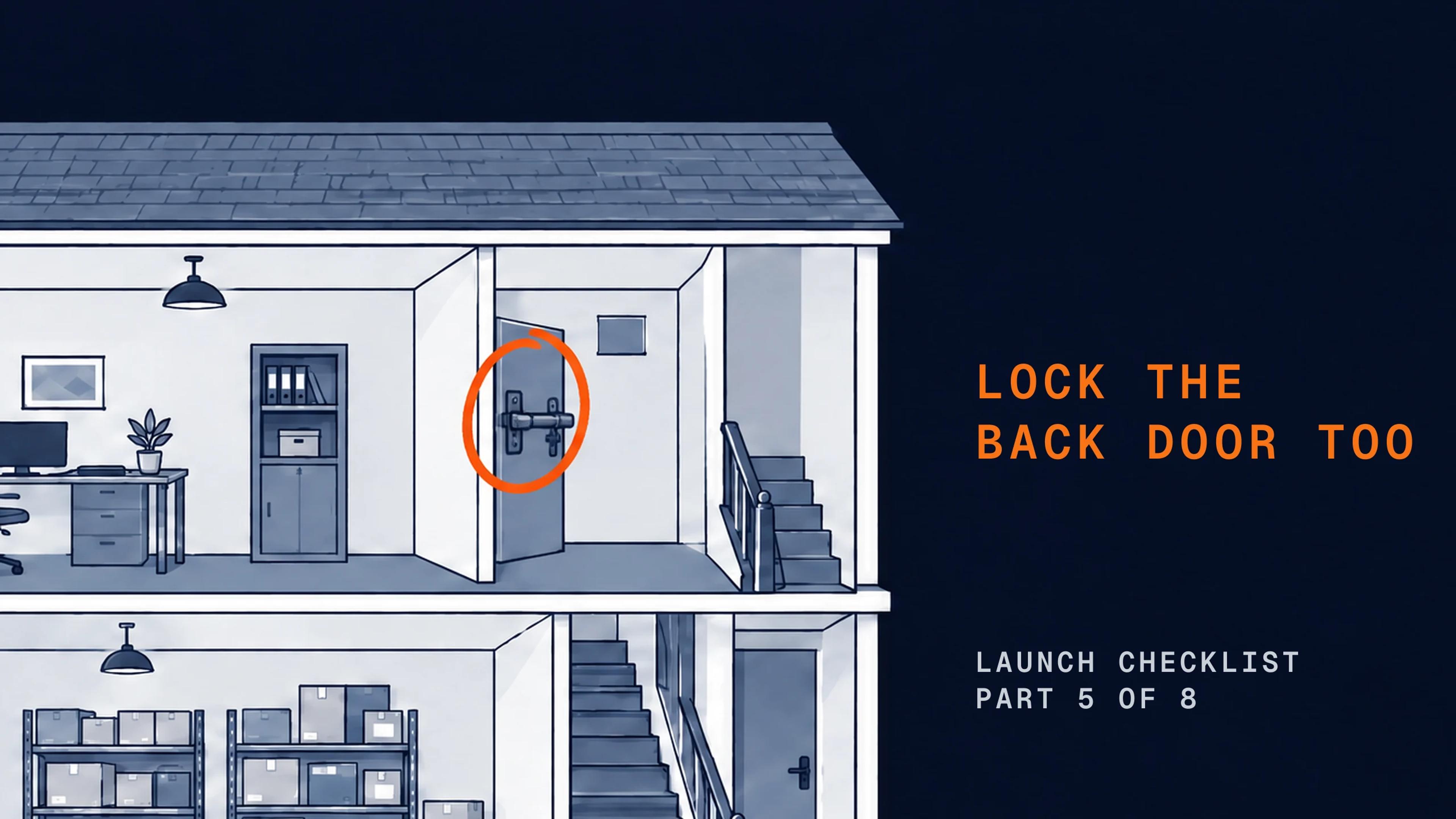 A cutaway of a small shop building with a heavy lock on a back-room door. The lock is circled.