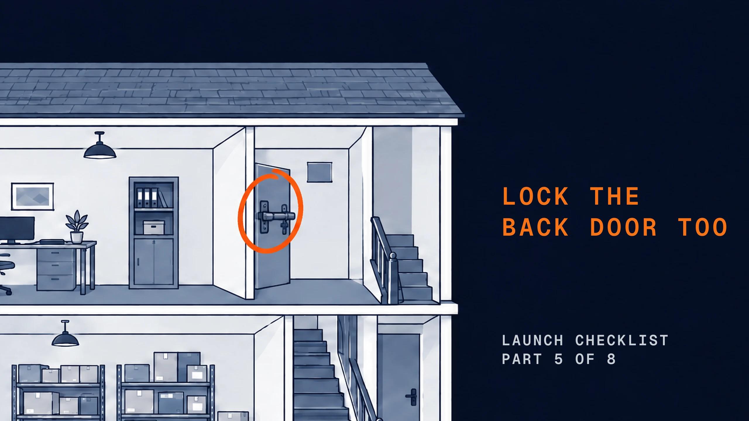 A cutaway of a small shop building with a heavy lock on a back-room door. The lock is circled.