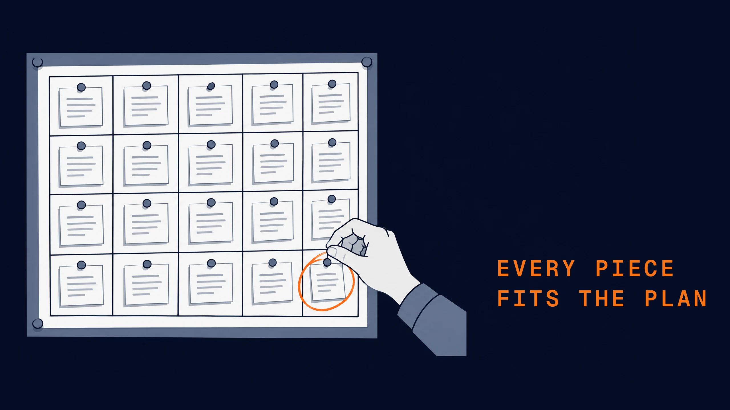 A hand pins one more card into the last empty square of a wall planner full of pinned cards. The card is circled.