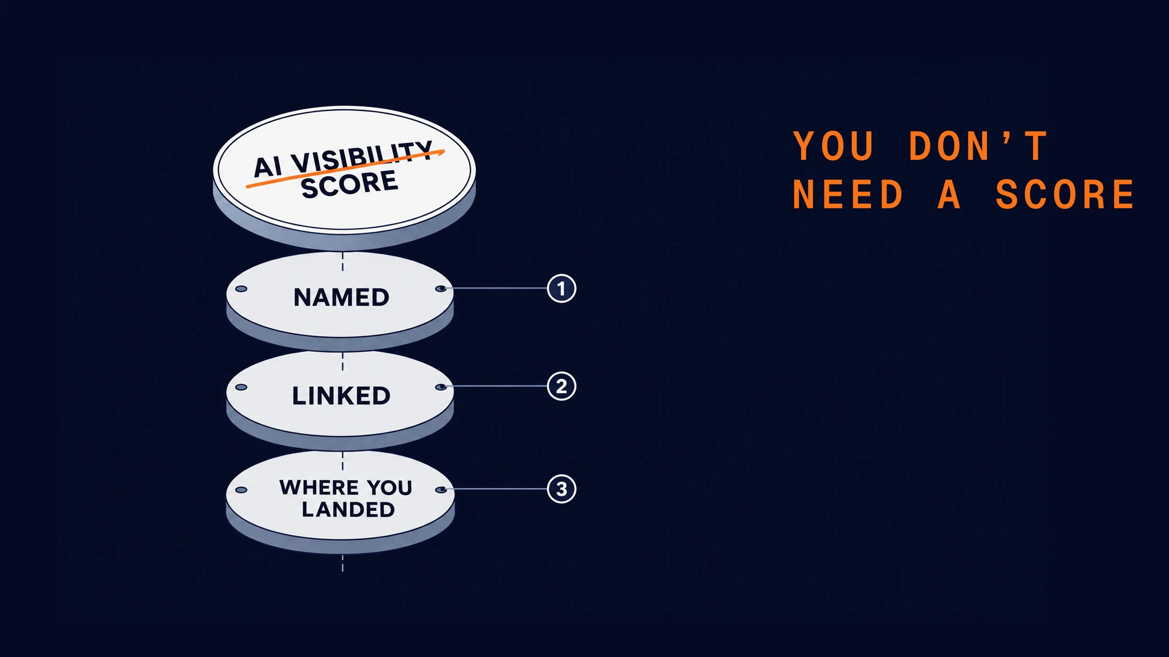 An AI visibility score badge pulled apart into the three results it blends: named, linked, and where you landed. The score itself is crossed out.