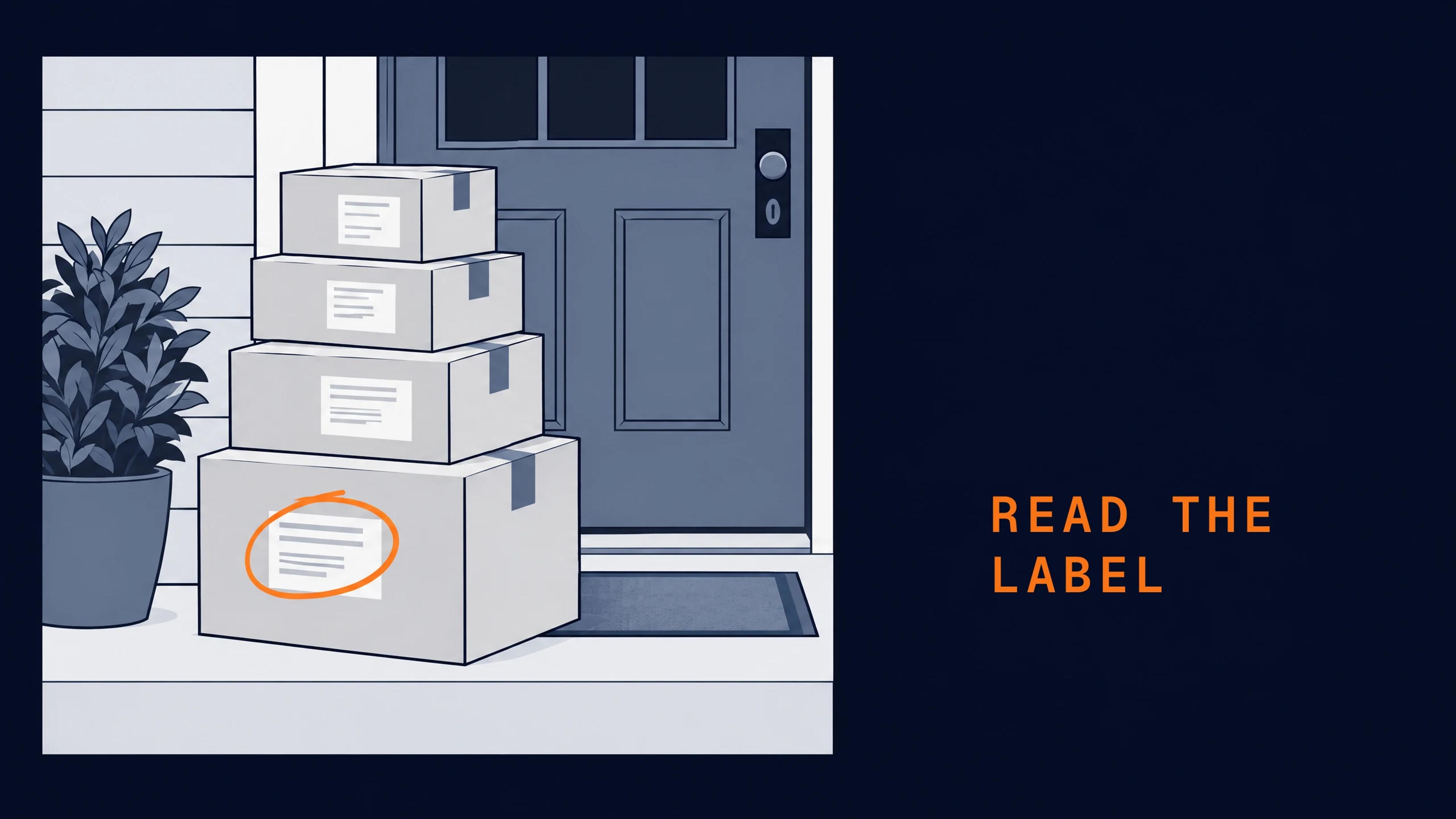 A stack of parcels on a doorstep, each with a shipping label. The label on the front parcel is circled.