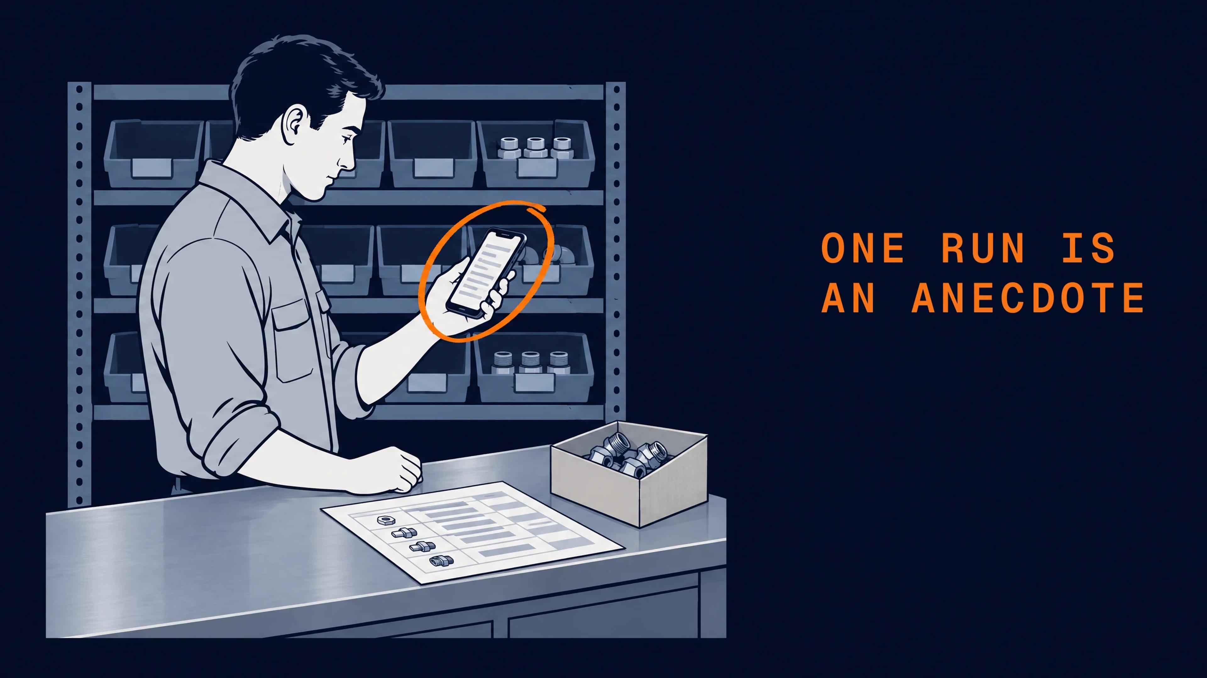 A salesperson at a parts counter reads an answer on their phone, with a parts list and a box of fittings on the counter. The phone is circled.