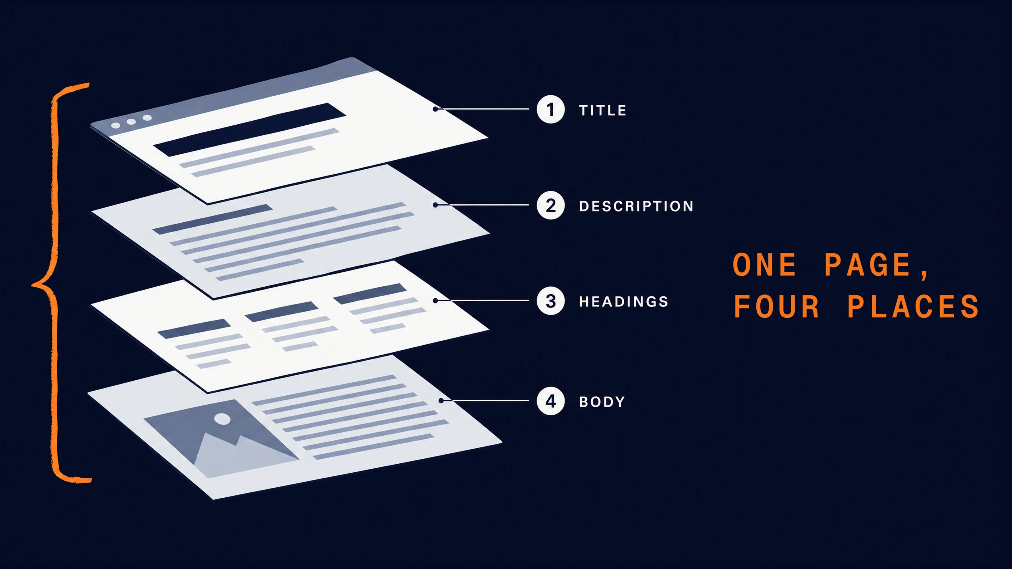 A web page pulled apart into four layers labelled title, description, headings and body, with an orange bracket drawn beside all four.