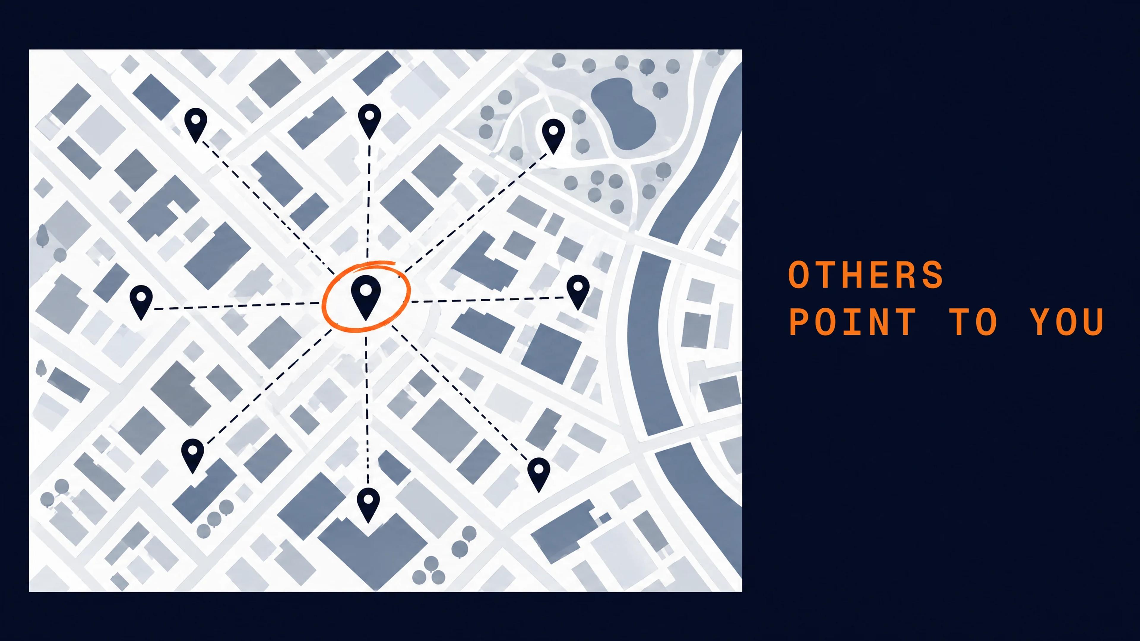 A town map where dashed lines from other businesses' pins all lead to one pin in the middle, which is circled.