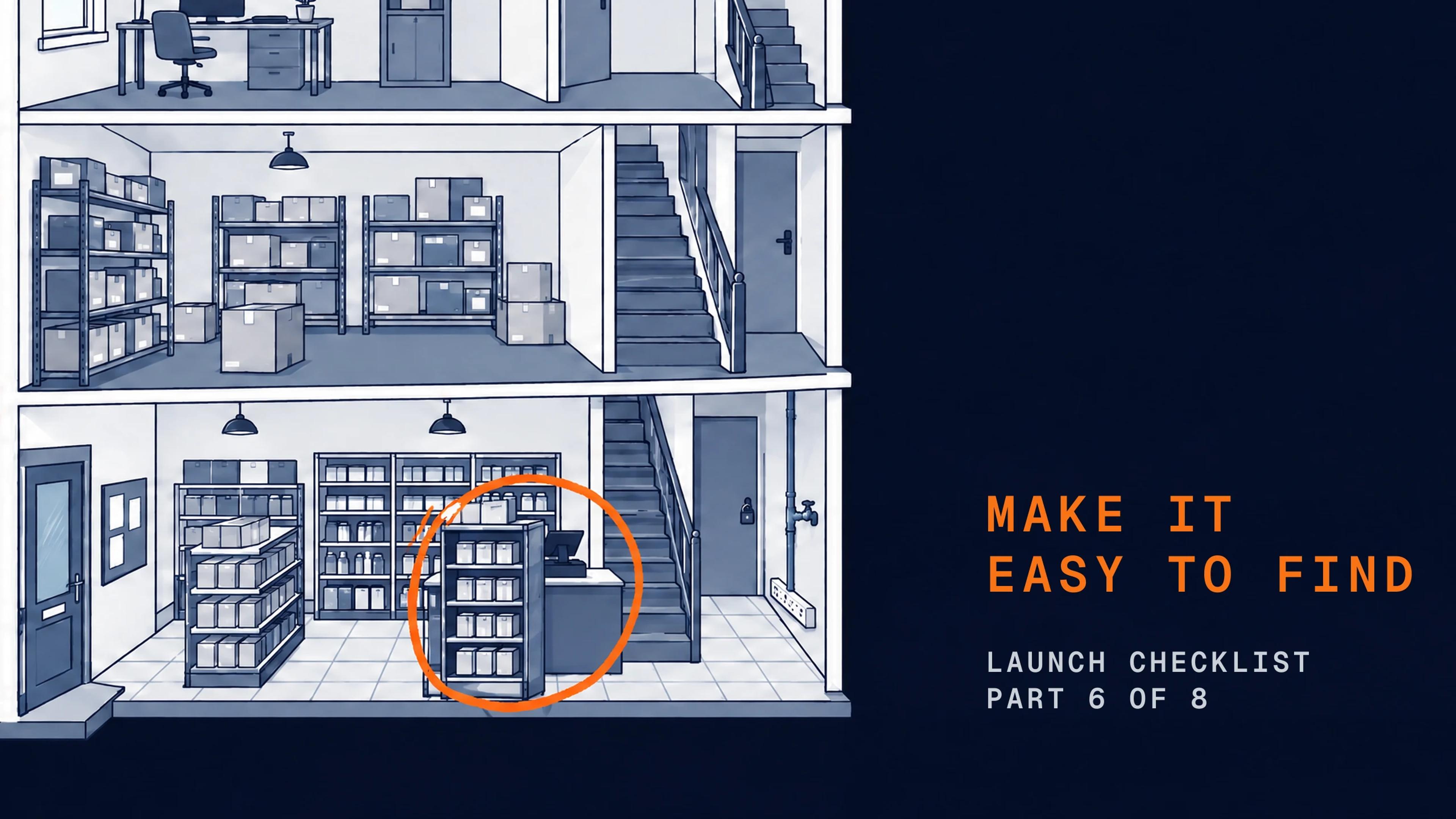 A cutaway of a small shop building where a tall shelf hides the checkout counter from the front door. The hidden checkout is circled.