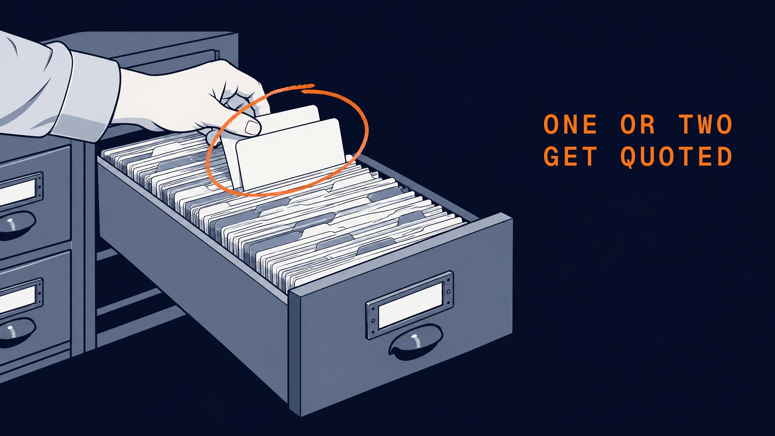 A hand lifts two index cards out of a drawer packed with hundreds, the way an AI engine picks one or two passages to quote. The two cards are circled.
