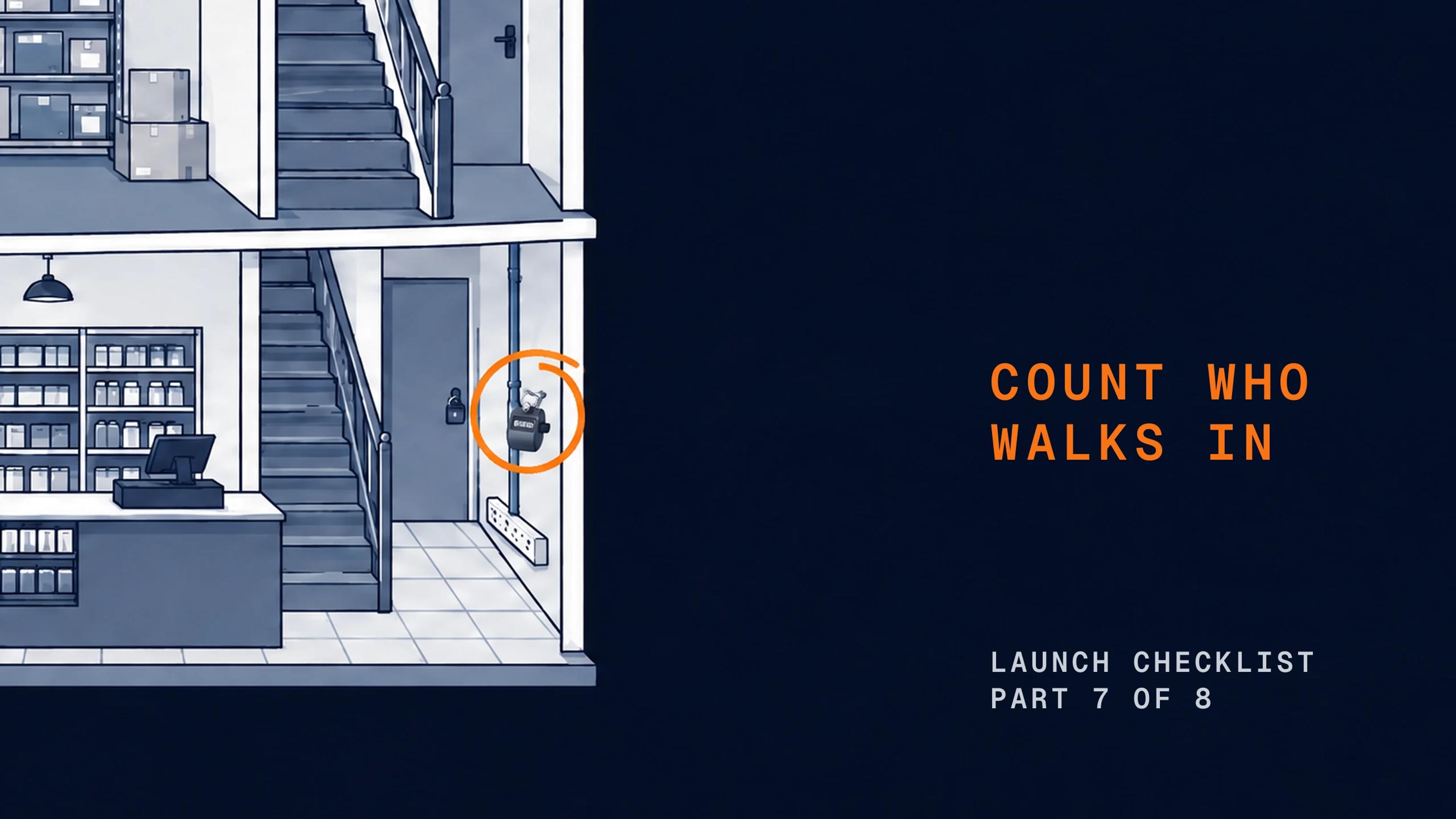 A cutaway of a small shop building with a tally counter hanging beside the front door. The counter is circled.