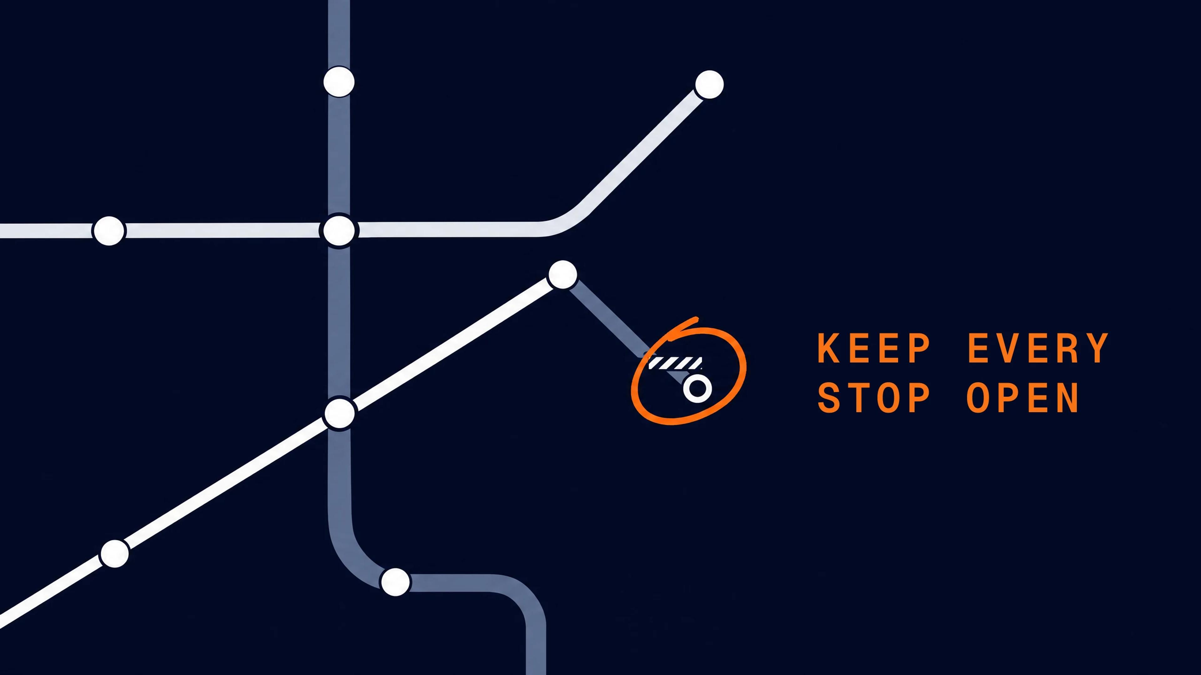A transit map of a website with one closed station at the end of a branch line. The closed station is circled.