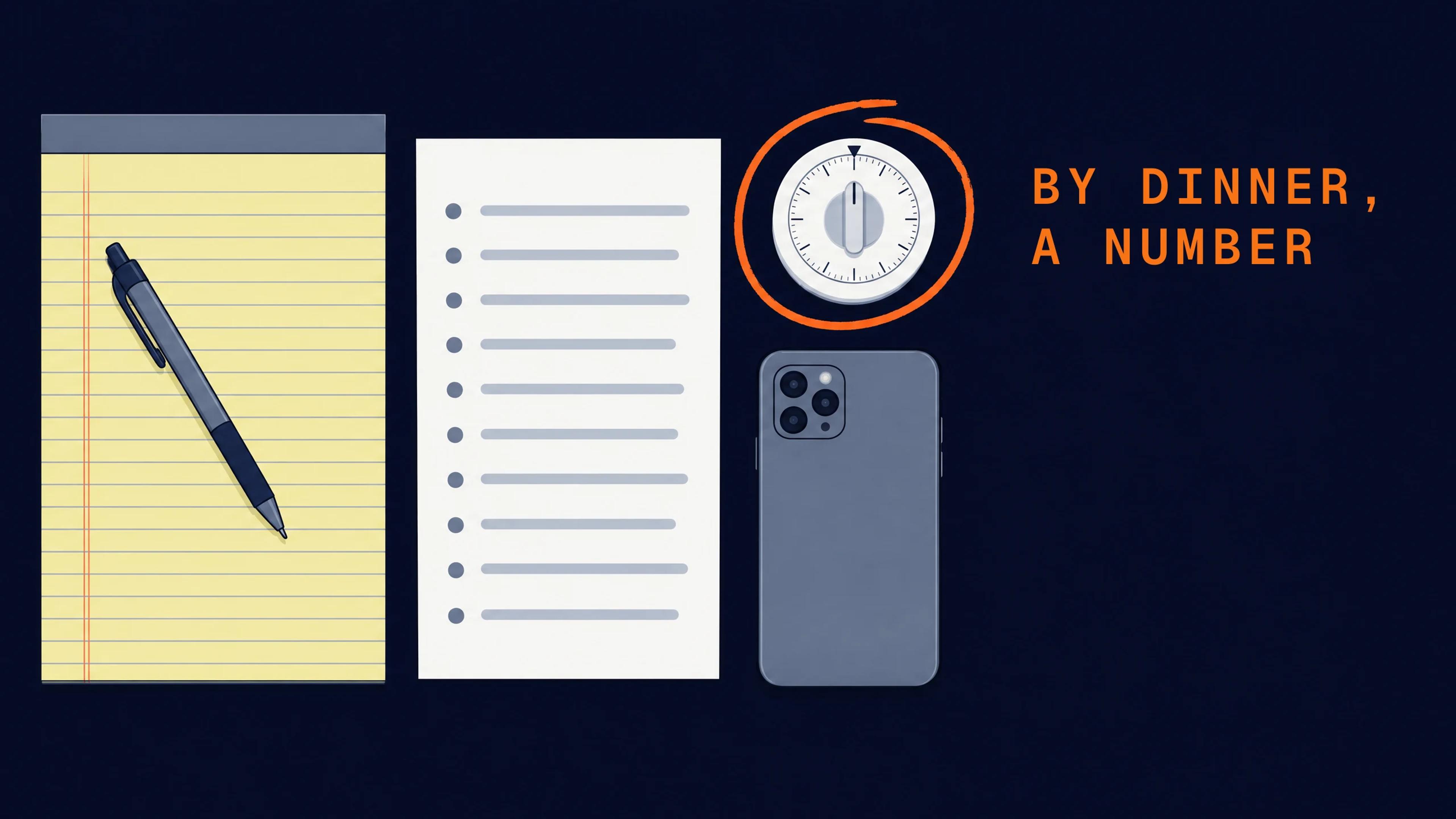 The kit for an AI search baseline, laid out flat: a legal pad and pen, a printed question list, a kitchen timer and a phone. The timer is circled.
