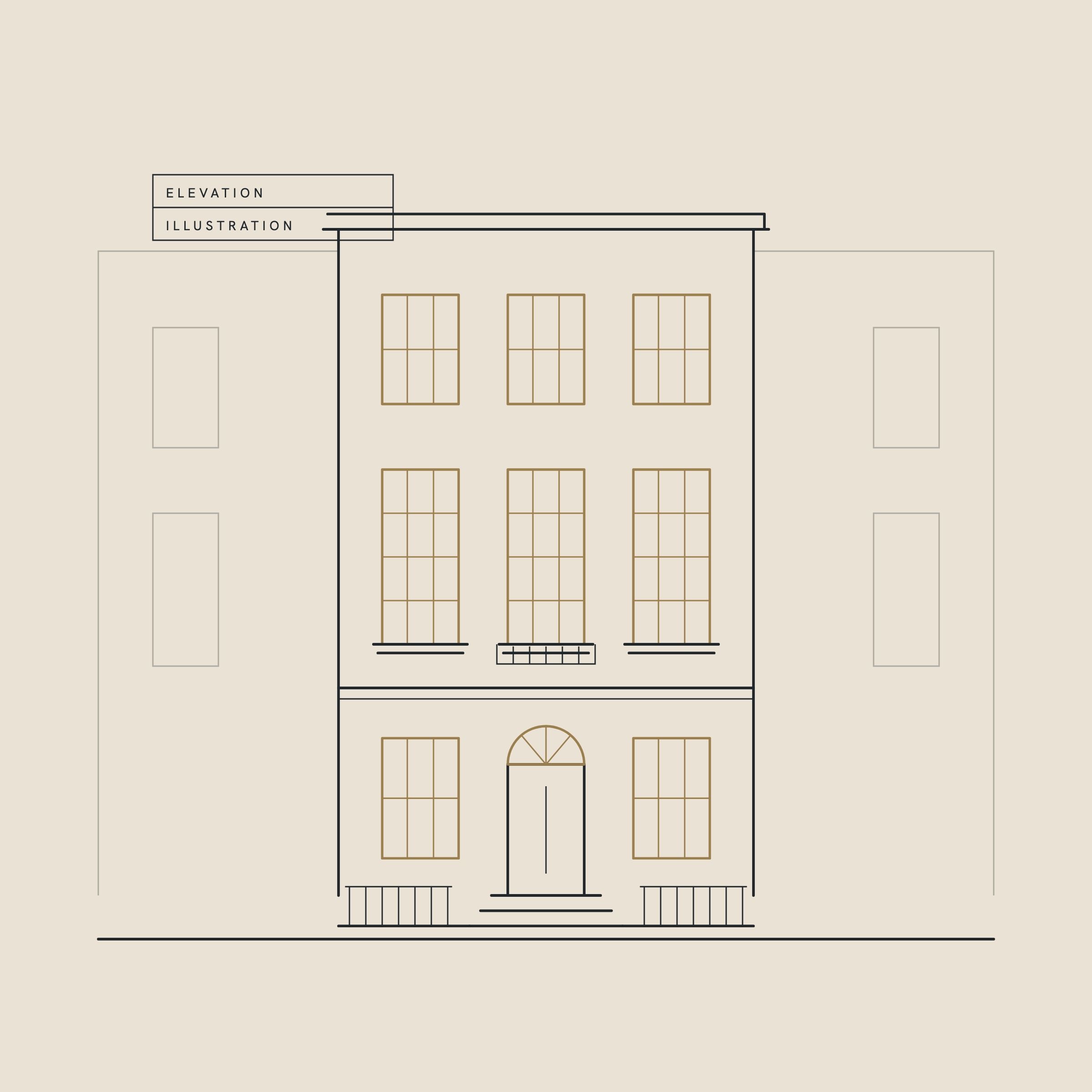 Illustration: the front of a Georgian terraced house, with sash windows and a fanlight over the door
