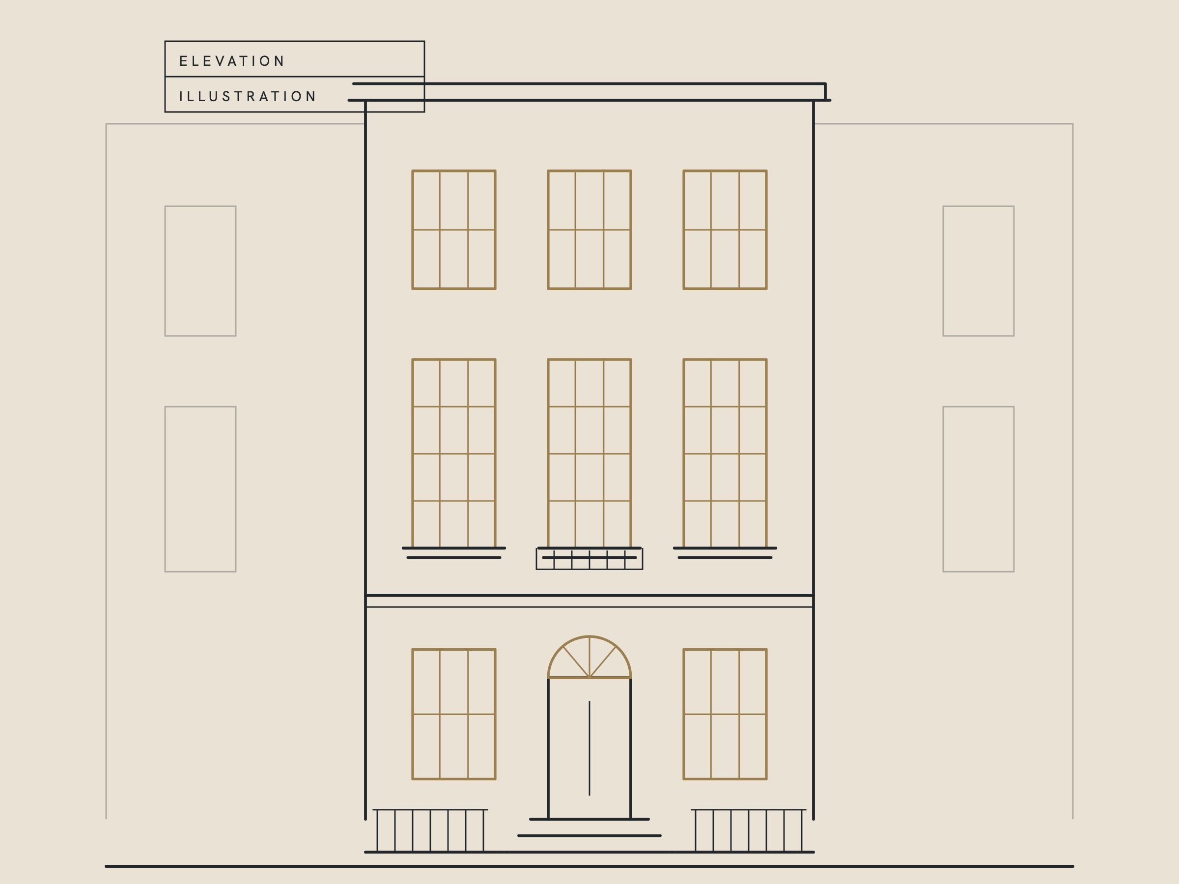Illustration: the front of a Georgian terraced house, with sash windows and a fanlight over the door