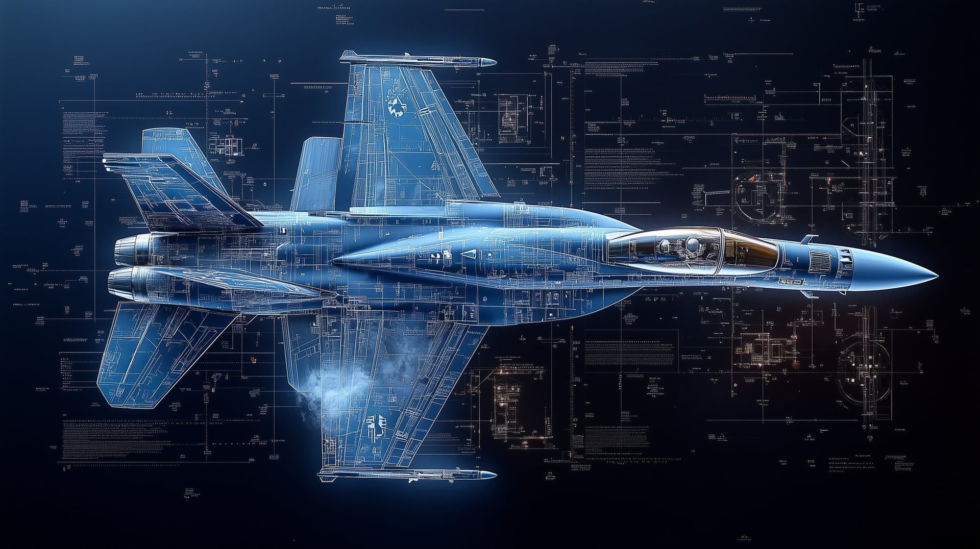Navy blueprint-style illustration of a fighter jet, representing the U.S. defense industrial base and CMMC compliance
