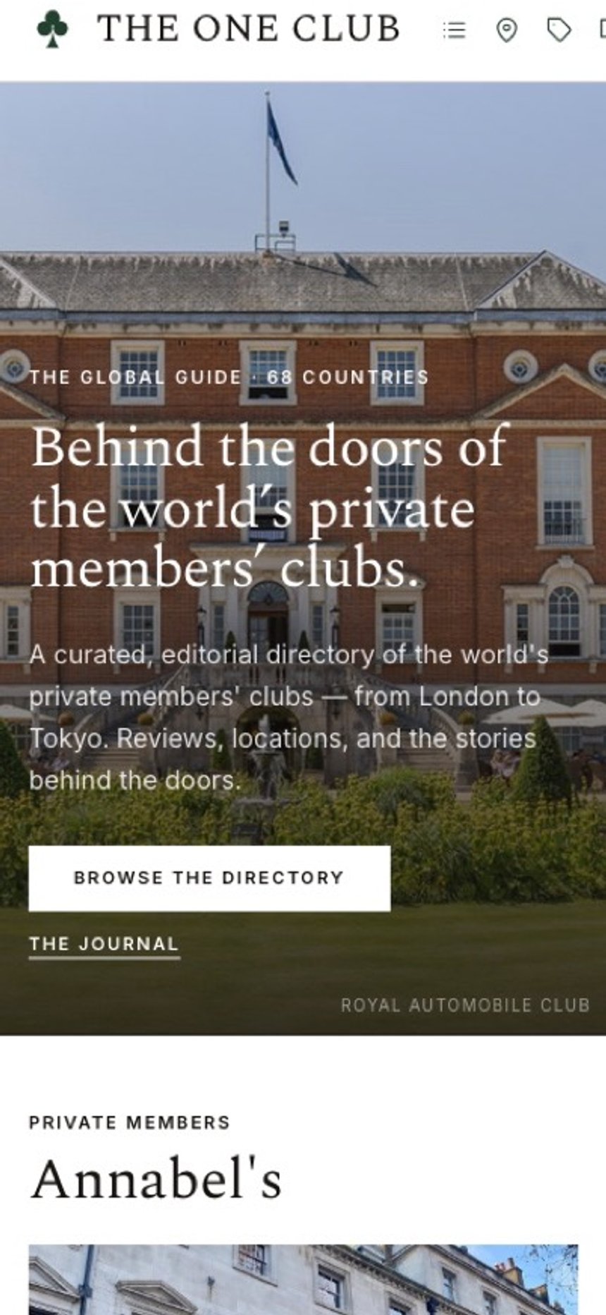 The The One Club website on a phone