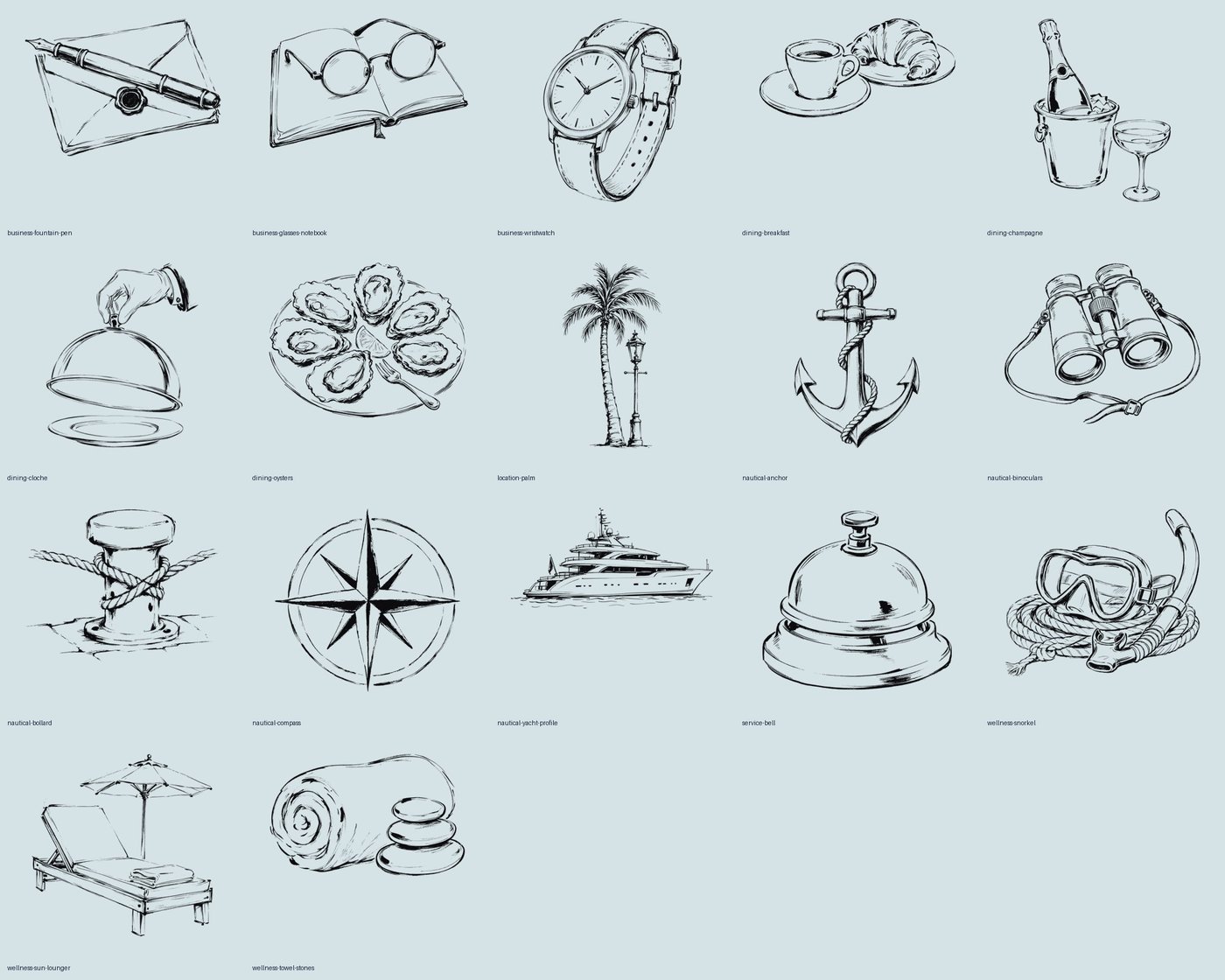 Contact sheet of the Armada Club brush-ink illustration set: dining, business, wellness and nautical subjects