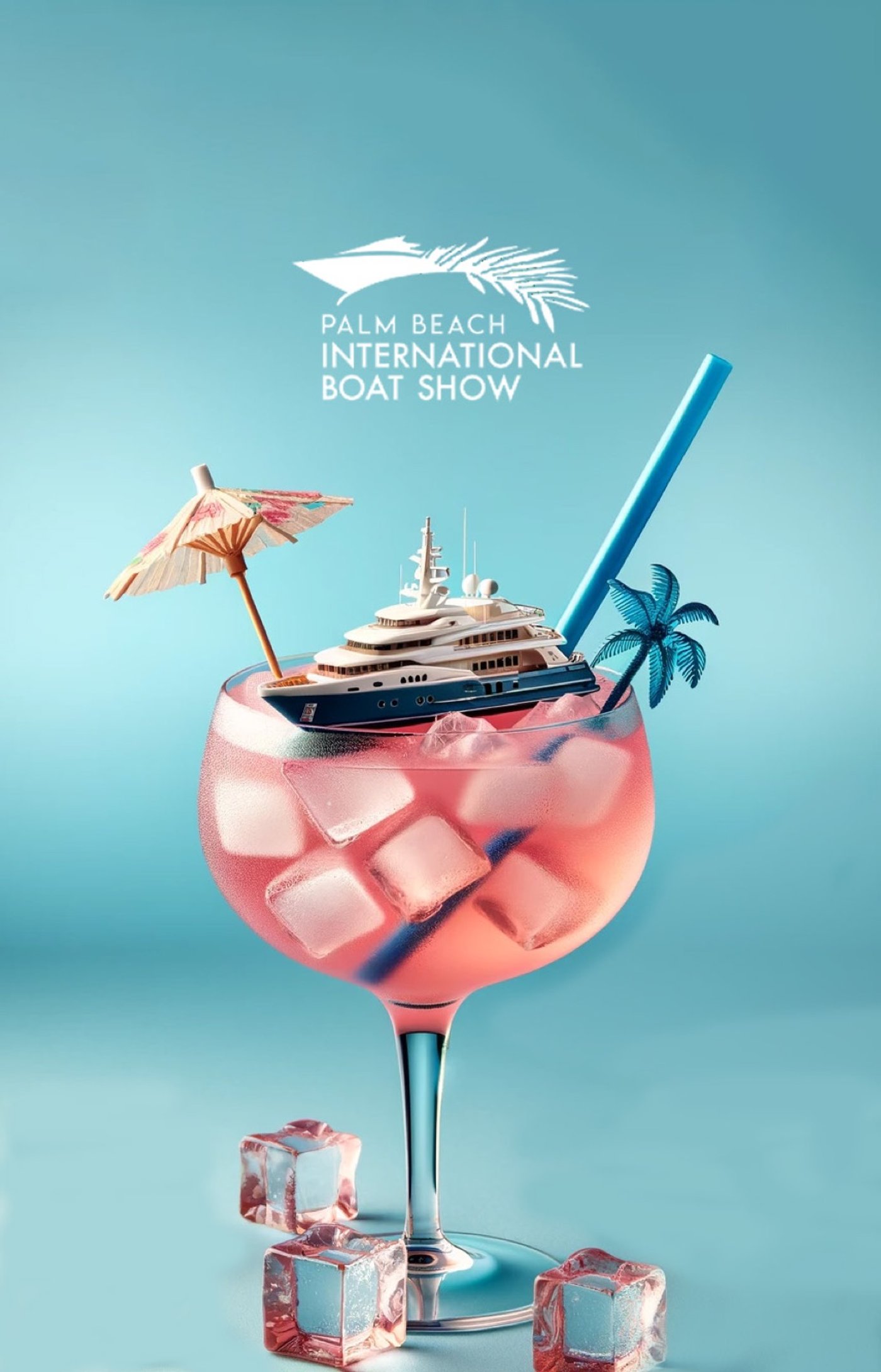 Generated poster for the Palm Beach International Boat Show: a superyacht floating in a pink cocktail glass