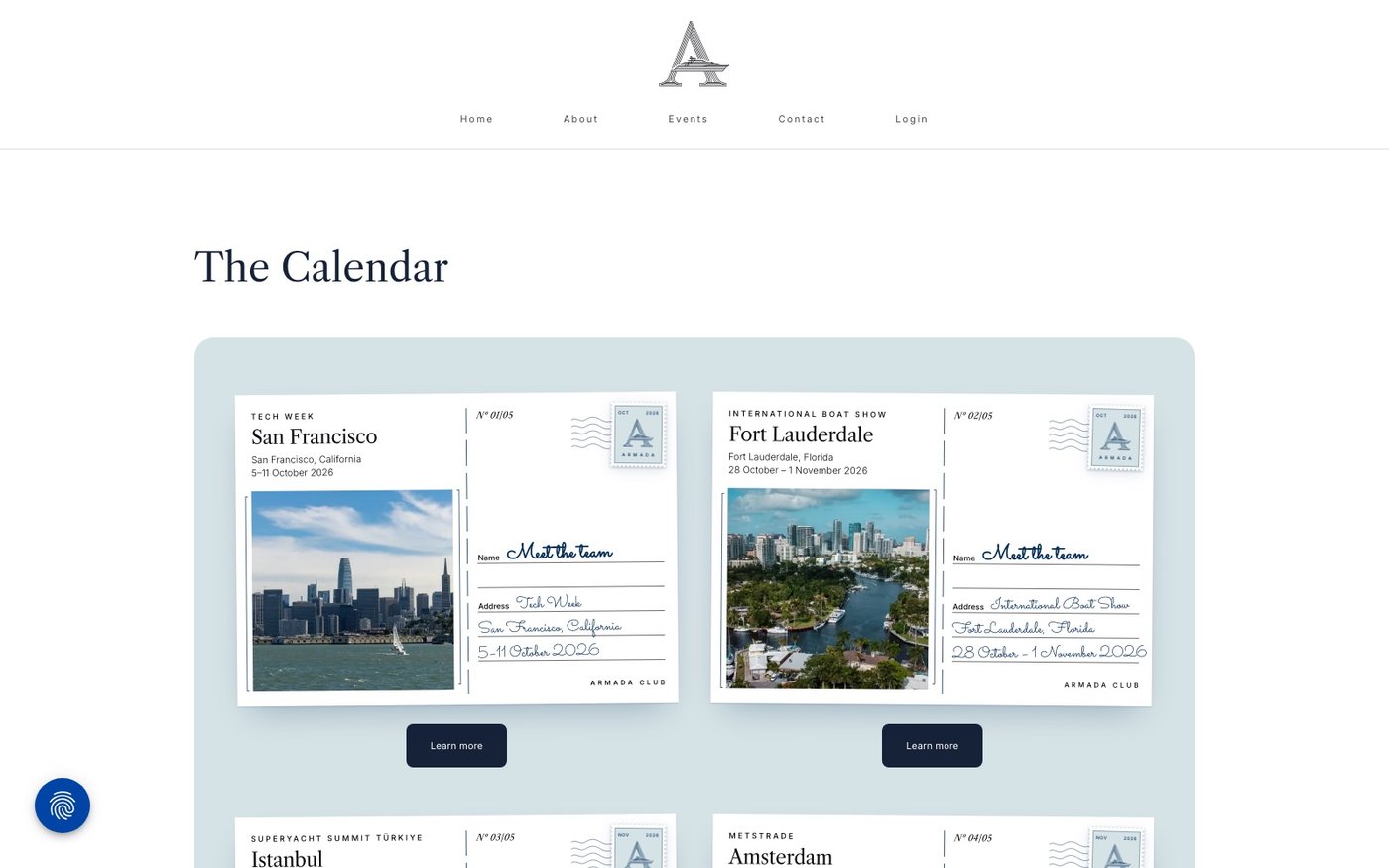 The Armada Club calendar page, each event as a postcard