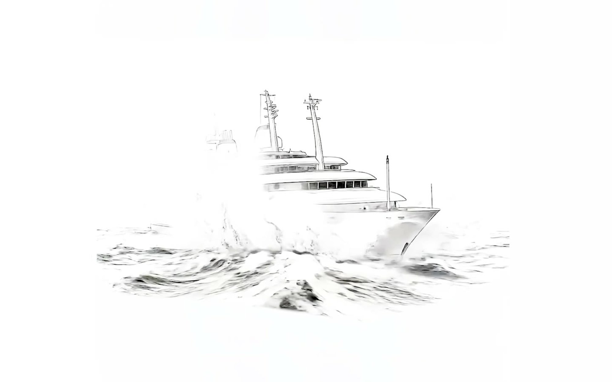 Still from the Seit 1875 anniversary film, a Lürssen yacht drawn in ink cutting through water