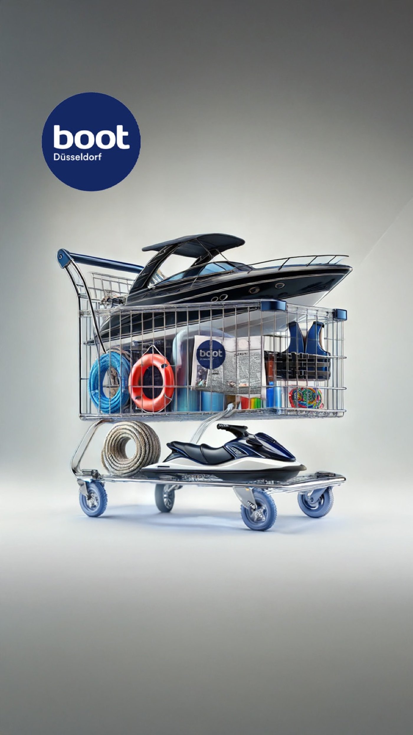 Generated poster for boot Düsseldorf: a shopping trolley filled with a motor yacht, a jet ski, lifebuoys and rope