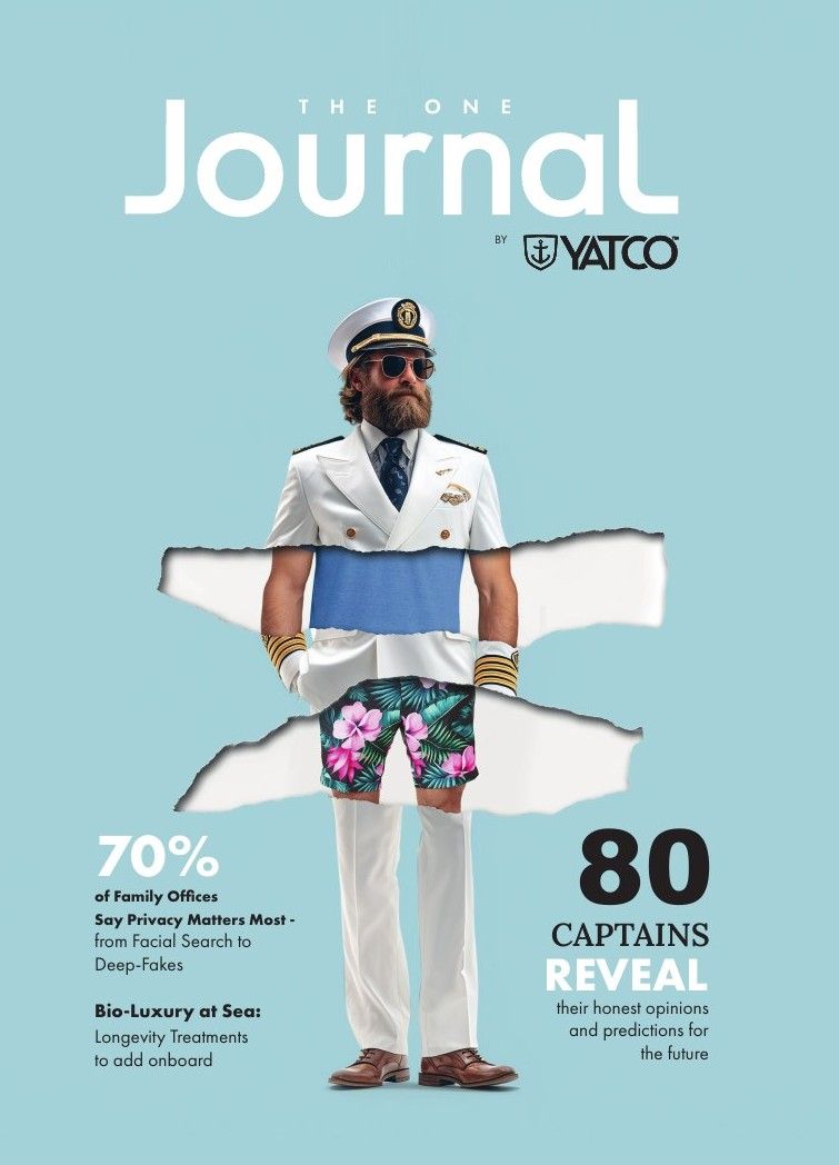 Front cover of The Journal by YATCO, Captain's Edition: a captain in uniform jacket and swimming shorts, with the cover lines 70% of family offices say privacy matters most and 80 captains reveal