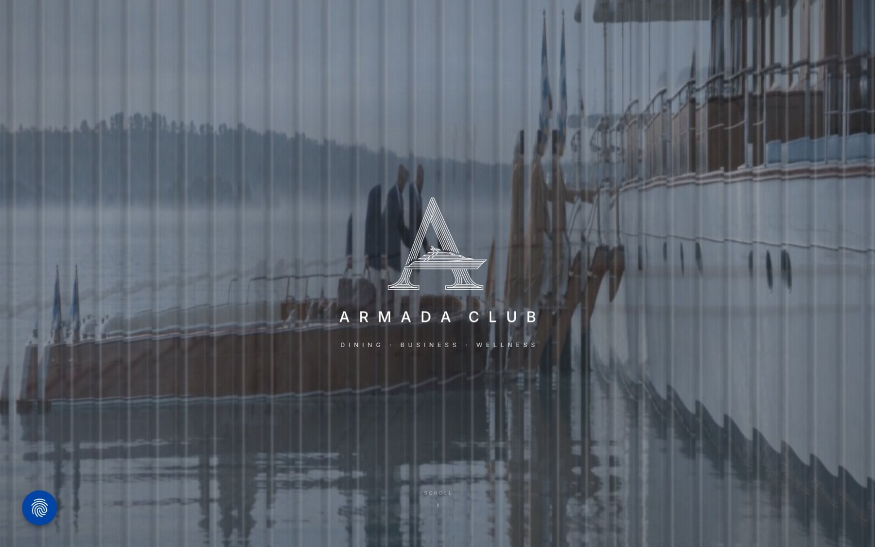 The Armada Club home page: the A mark and wordmark over a yacht seen through fluted glass