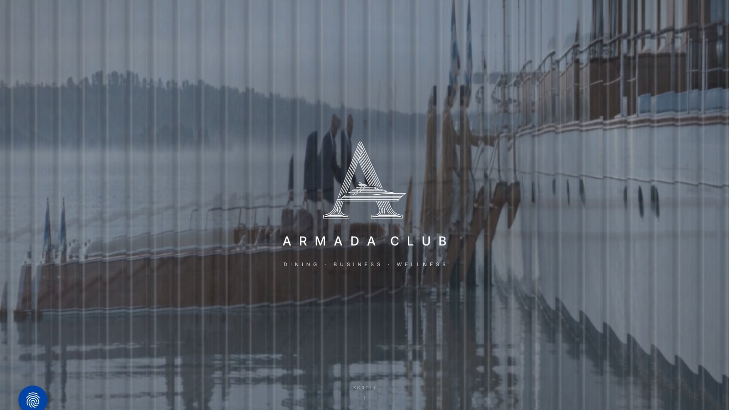 The Armada Club home page: the A mark and wordmark over a yacht seen through fluted glass
