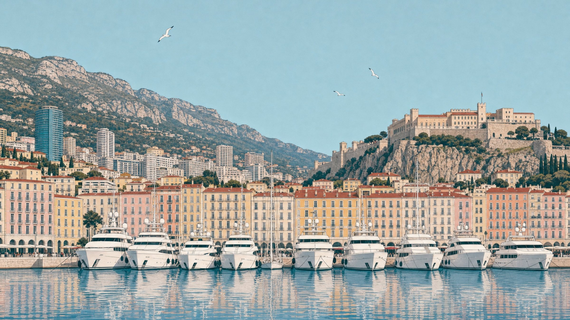 Illustration of Port Hercule, Monaco, with superyachts moored beneath the old town and the palace
