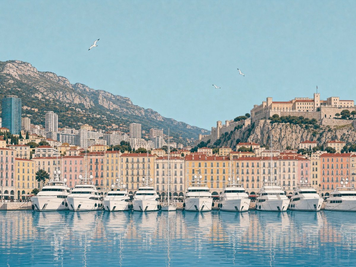 Illustration of Port Hercule, Monaco, with superyachts moored beneath the old town and the palace