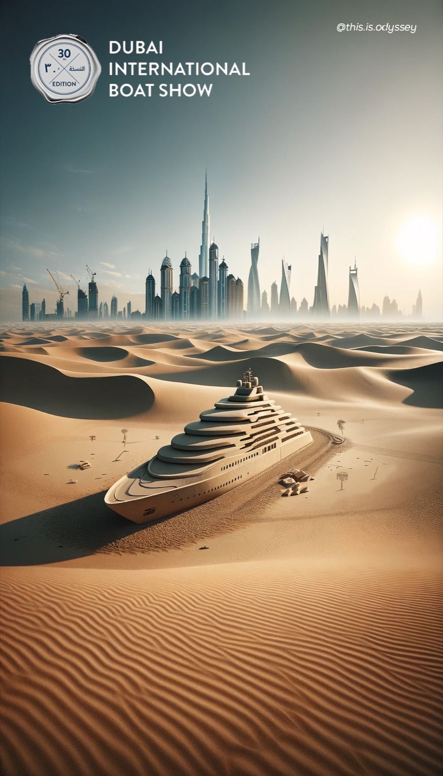 Generated poster for the Dubai International Boat Show: a superyacht beached in desert dunes before the skyline