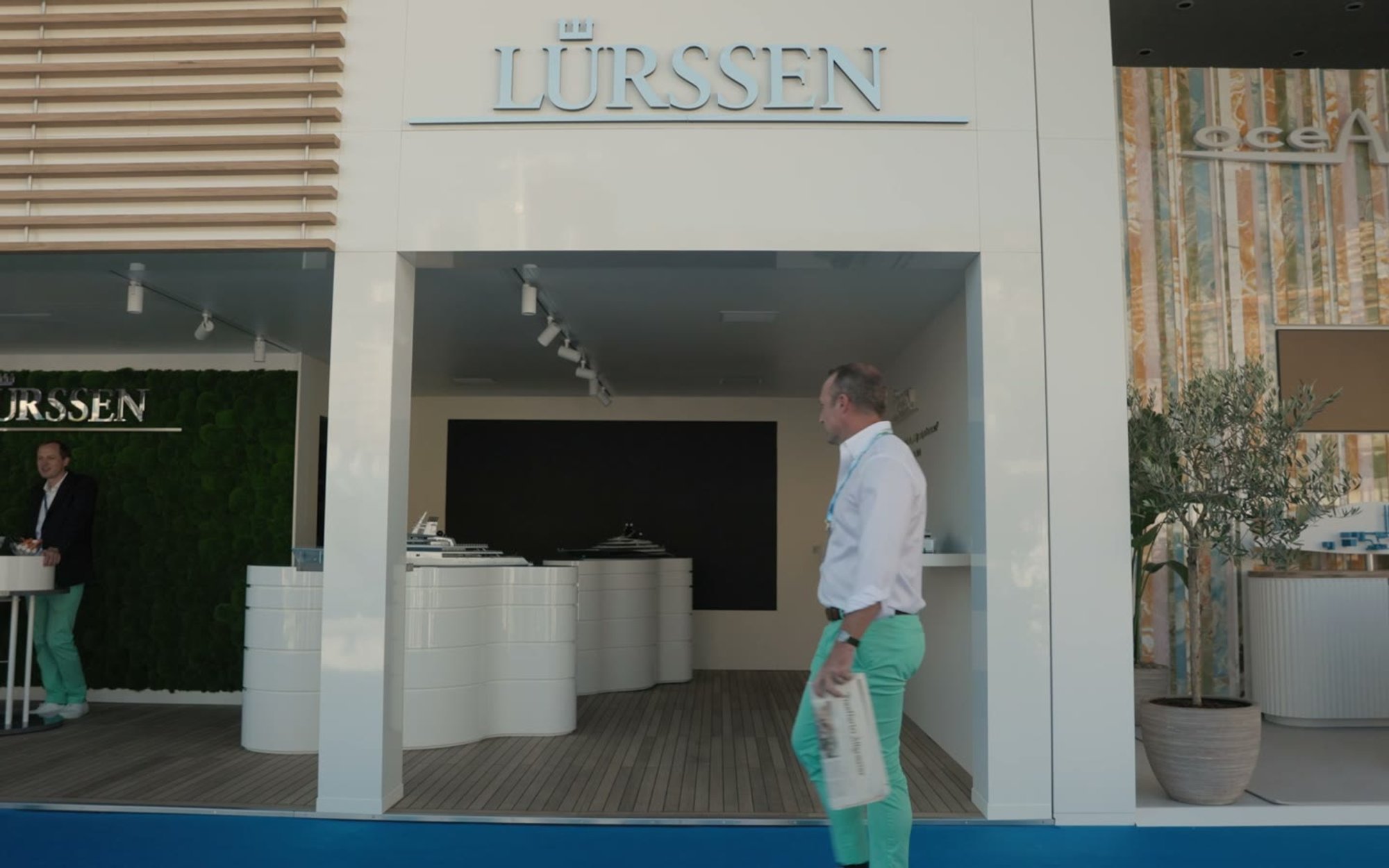 Still from the Monaco Yacht Show 2024 stand film, the Lürssen stand at the show