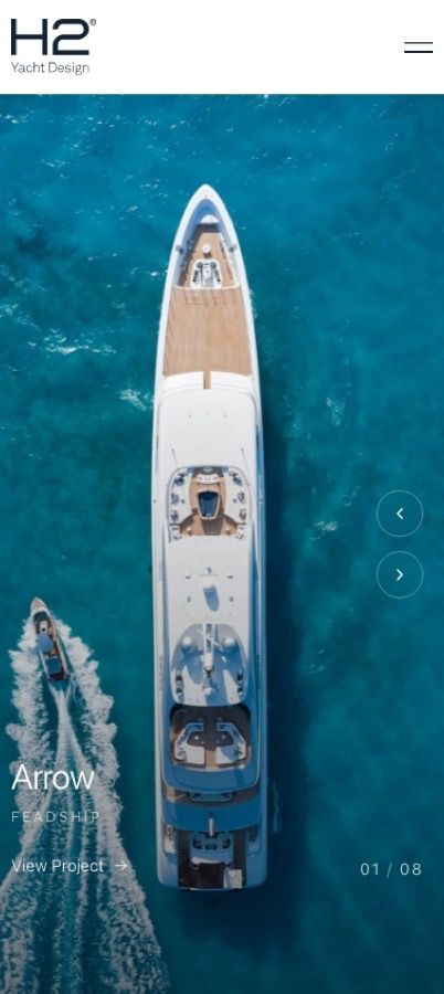 The H2 Yacht Design website on a phone