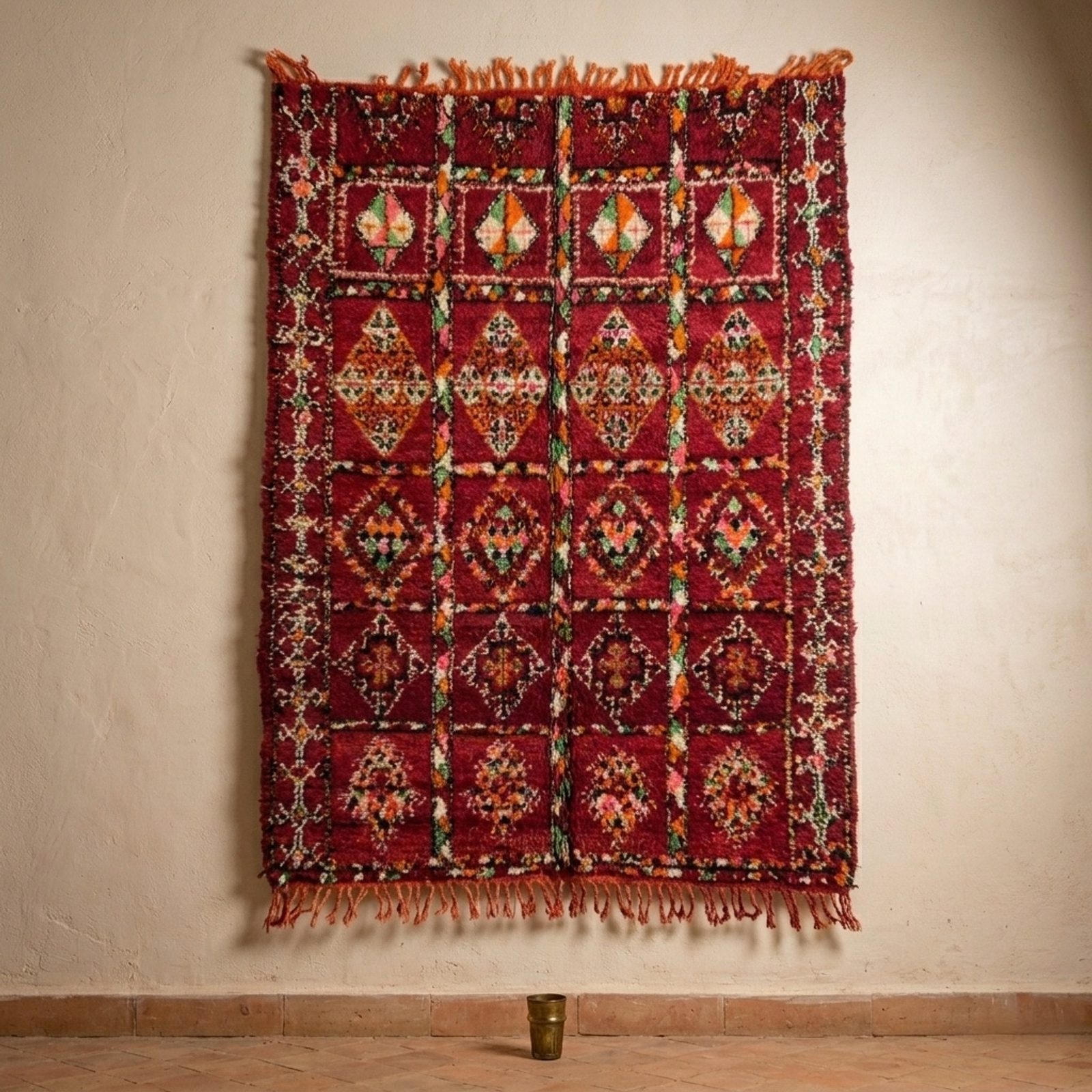 The "Garden Grid" Boujad: Intricate Vintage Crimson & Moss Green Moroccan Rug — view 3