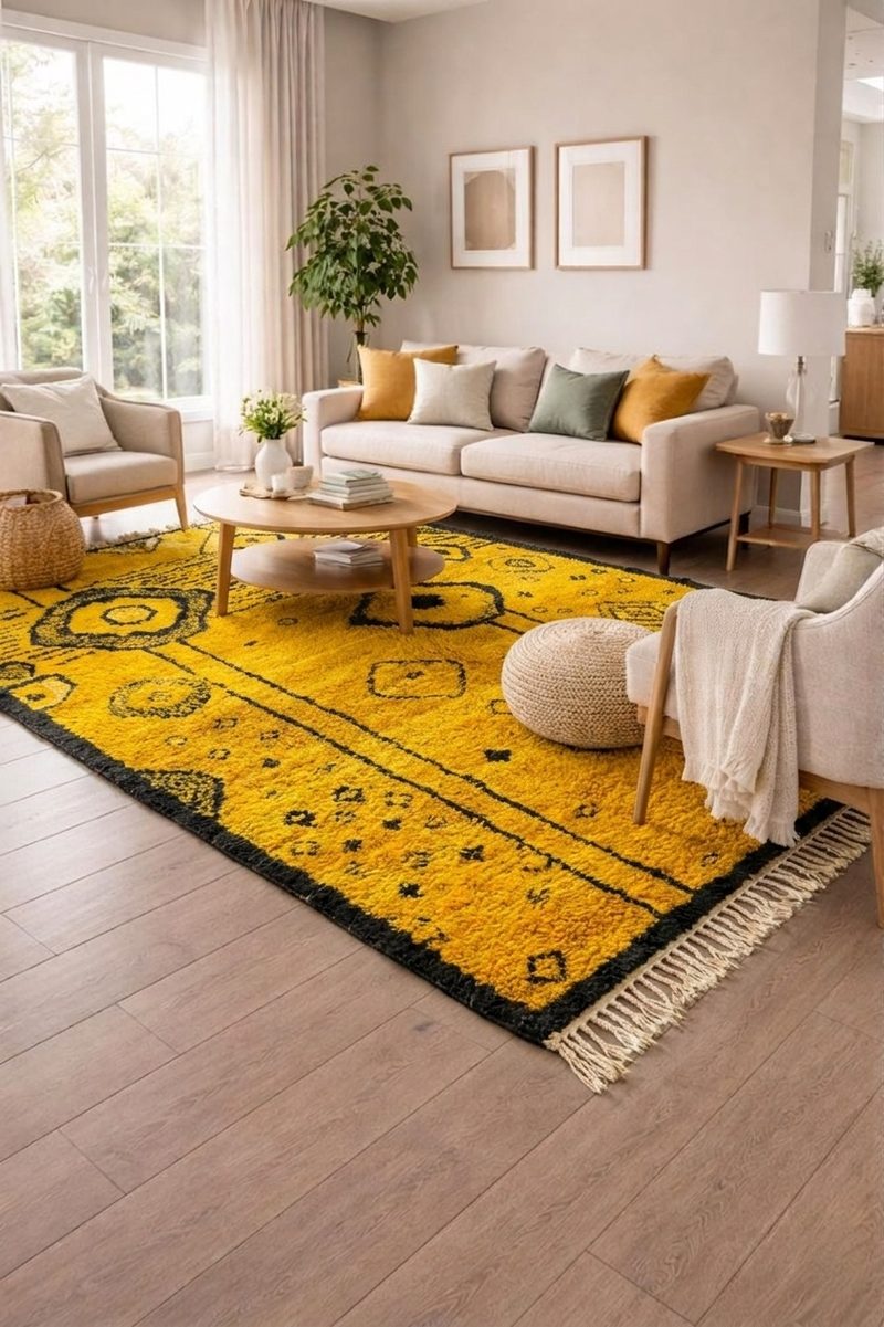 The Saffron Talisman: Hand-Woven Charcoal & Mustard Berber Rug