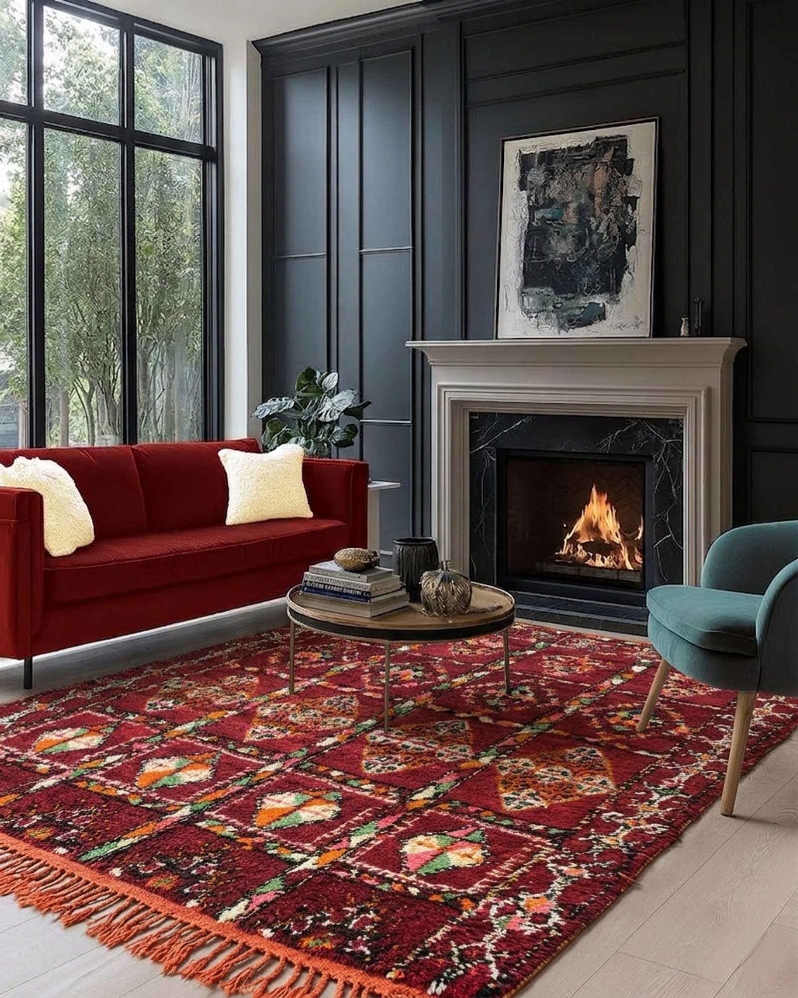 The "Garden Grid" Boujad: Intricate Vintage Crimson & Moss Green Moroccan Rug — view 2