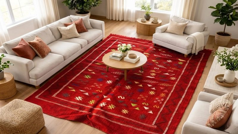 The "Taznakht Crimson" Flatweave: Fine Handwoven Moroccan Kilim Rug