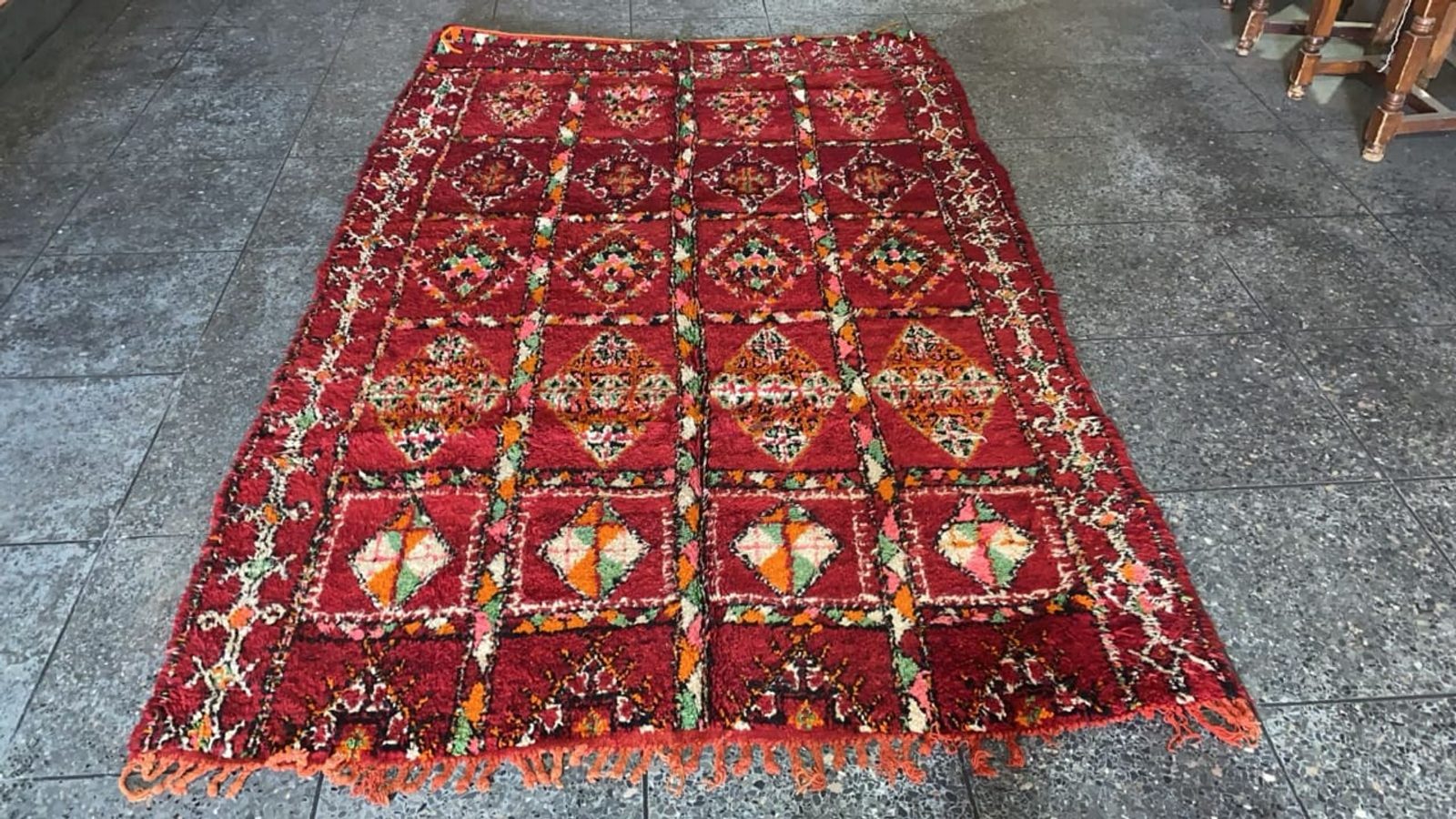 The "Garden Grid" Boujad: Intricate Vintage Crimson & Moss Green Moroccan Rug — view 5